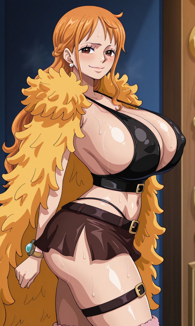 1girls, ai generated, anime, big breasts, curvy, curvy female, curvy figure, elbaf, female, female only, huge breasts, kyoru189, light skin, light-skinned female, looking at viewer, mature female, nami (elbaf), nami (one piece), one piece, one piece: elbaf arc, orange eyes, orange hair, shiny skin, solo, solo female