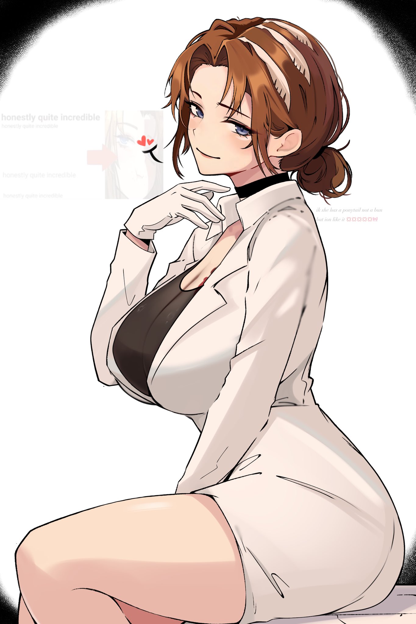 big breasts, black choker, blue eyes, breasts, brown hair, choker, fauvim, female, female focus, female only, formal, formal attire, formal clothes, formal wear, fully clothed, gloves, hair bun, hair ornament, hand between legs, heart, huge breasts, large breasts, light skin, light-skinned female, limbus company, looking at viewer, m ayonessa, project moon, rodion (limbus company), short hair, side view, sitting, tall female, tattoo, tattoo on chest, thighs, thighs together, white gloves