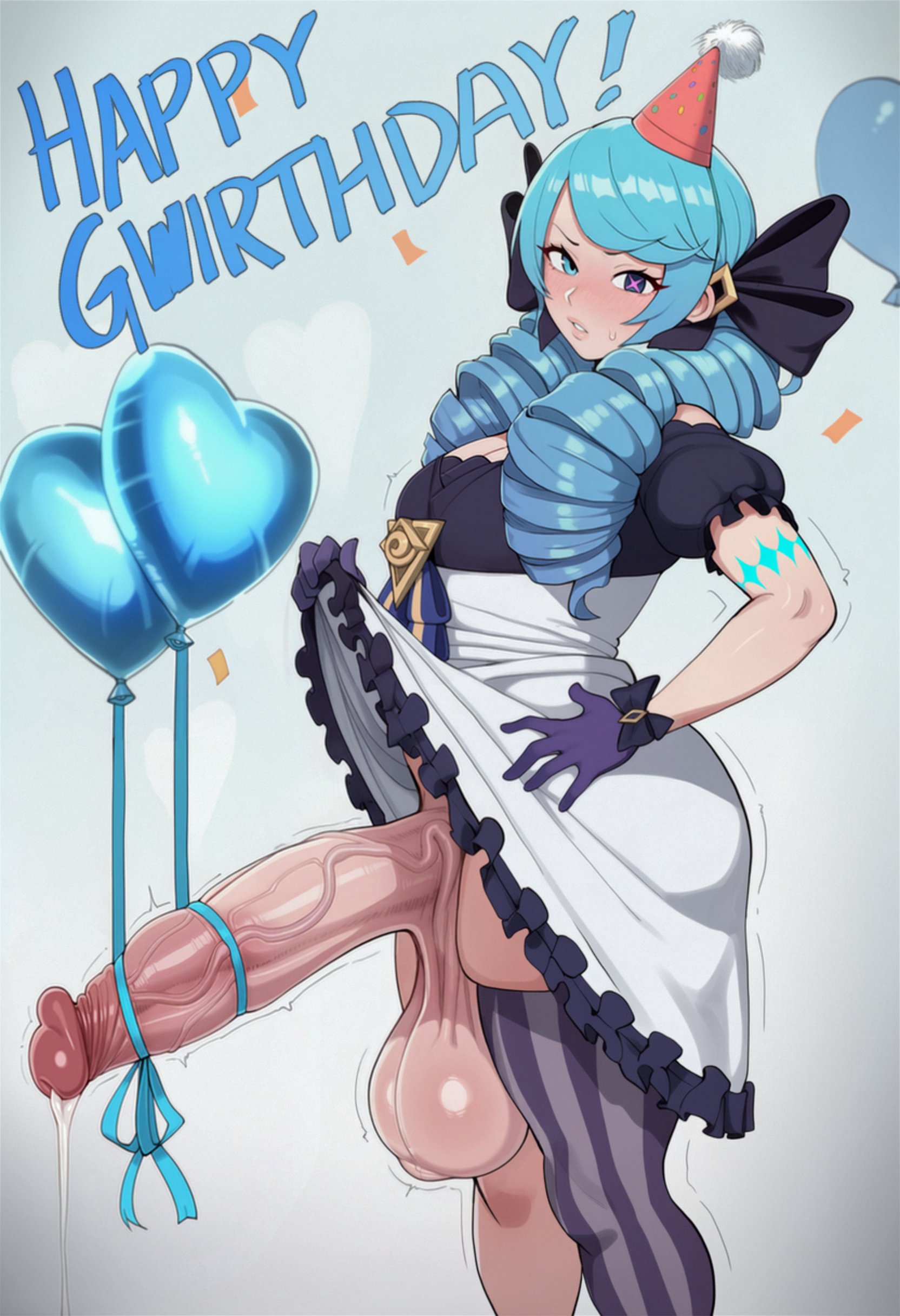 1futa, 2026, ai generated, big ass, big balls, big breasts, big penis, birthday, blue eyes, blue hair, blushing, bubble butt, bursting penis, casual, casual exposure, casual nudity, child bearing hips, cleavage, dat ass, dumptruck ass, excessive precum, fat ass, futa only, futanari, gwen (league of legends), hair ornament, hand on hip, horny, horny futa, huge ass, huge balls, huge breasts, huge cock, hung futa, hyper balls, hyper penis, league of legends, lifting skirt, looking at viewer, looking pleasured, musk, musk clouds, noonyx, precum, precum drip, precum string, riot games, sweat, sweatdrop, sweating, sweaty, sweaty balls, text, thick thighs, thunder thighs, tied penis, twintails, veiny penis