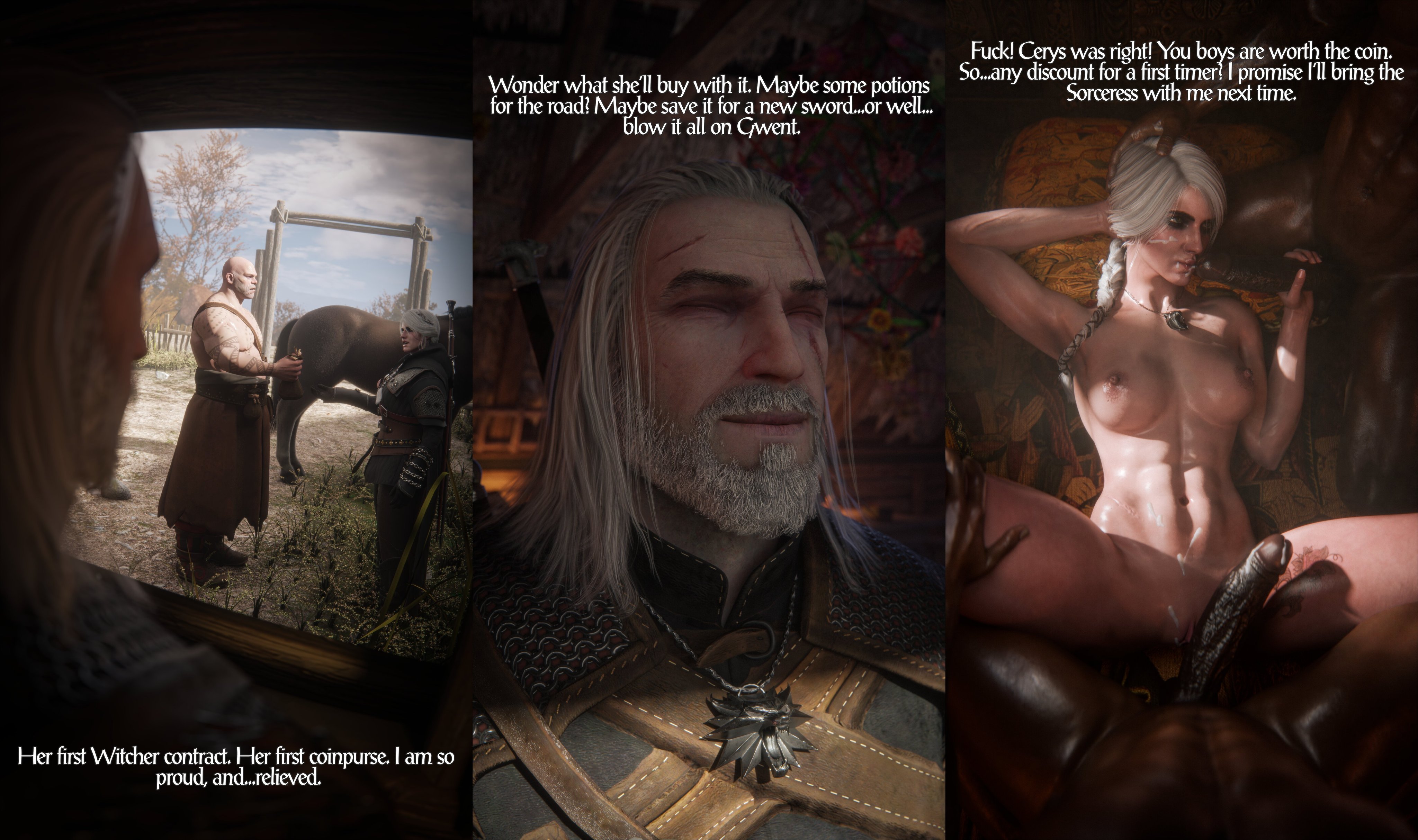 1girls, 2boys, 3d, abs, after sex, breasts, cd projekt red, ciri, comic, cum, cum in mouth, cum inside, currysfm, dark skin, dark-skinned male, fellatio, female, geralt of rivia, handjob, instant loss 2koma, interracial, oral, pov, spitroast, the witcher (series), the witcher 4, thick thighs