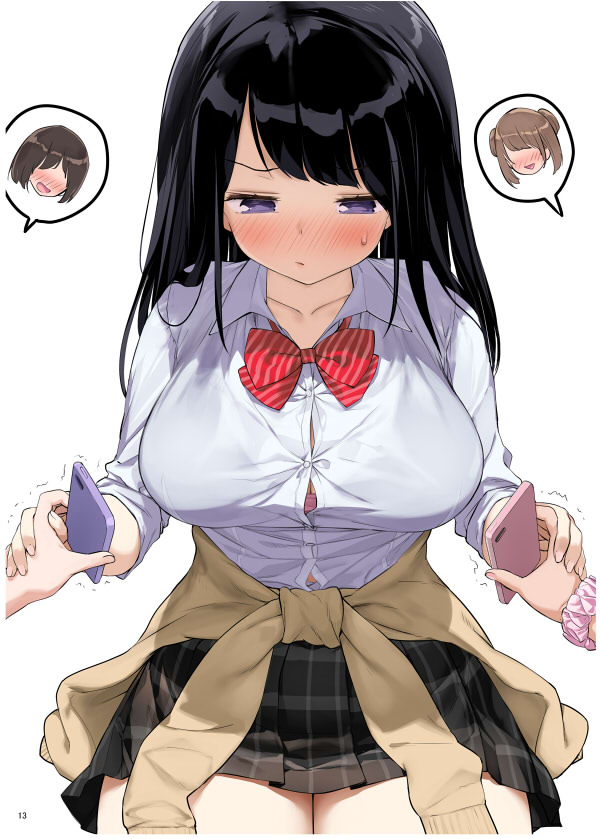 big_breasts black_skirt blush busty curvy cute embarrassed flustered holding_hands holding_phone huge_breasts kaisen_chuui miniskirt original phone plaid_skirt pleated_skirt shirt_around_waist skirt top_heavy voluptuous white_shirt