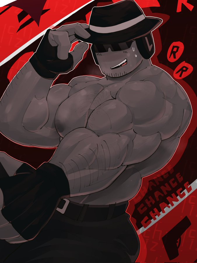 1boy, bara, bara tiddies, bara tits, body hair, chance (forsaken), dark skin, dark-skinned male, fedora, flintlock, forsaken (roblox), gay, gay male, glasses, gloves, gun, muscular, muscular male, no shirt, pectoral bulge, pectorals, rebelliousmilk, roblox, roblox game, robloxian, smiling, solo, sweat, sweating, topless