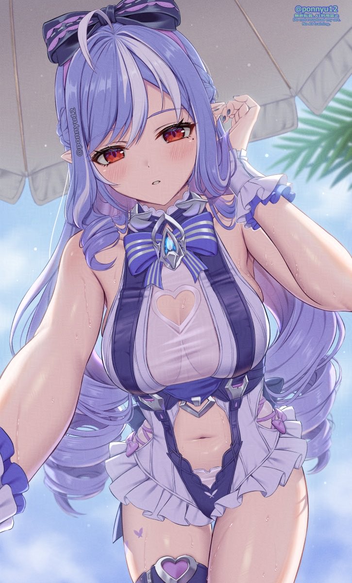 1girls, breasts, exposed breasts, female, hoyoverse, legs, long hair, mihoyo, official alternate costume, ponnyu12, purple hair, red eyes, swimsuit, vivian banshee, vivian banshee (iris of the shore), white swimsuit, zenless zone zero