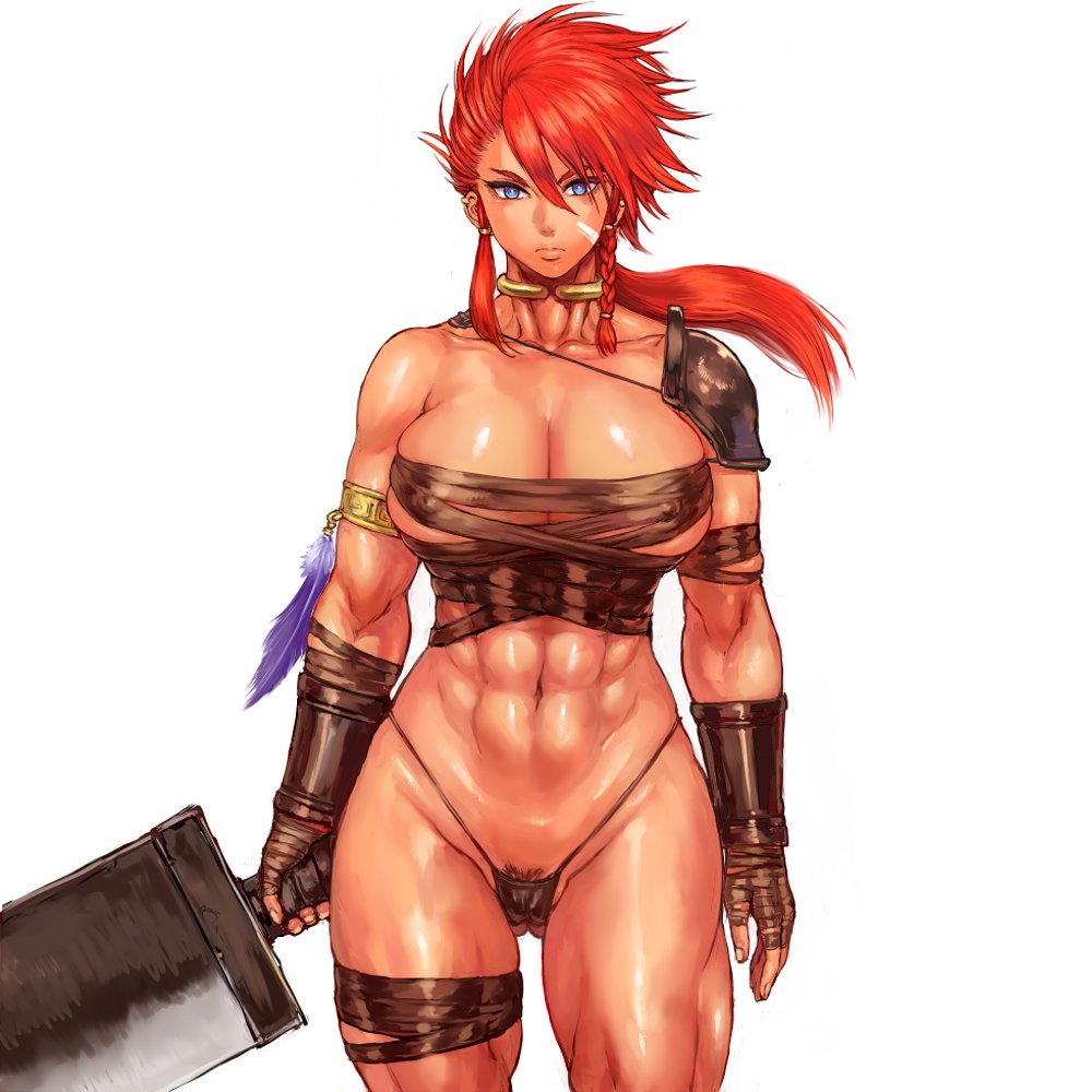 1girls, abs, archway of venus, armor, breasts, cleavage, clothing, female, female only, holding, holding weapon, mikanman, muscular, muscular female, navel, nipple bulge, solo, solo female, sword, toned, toned female, white background