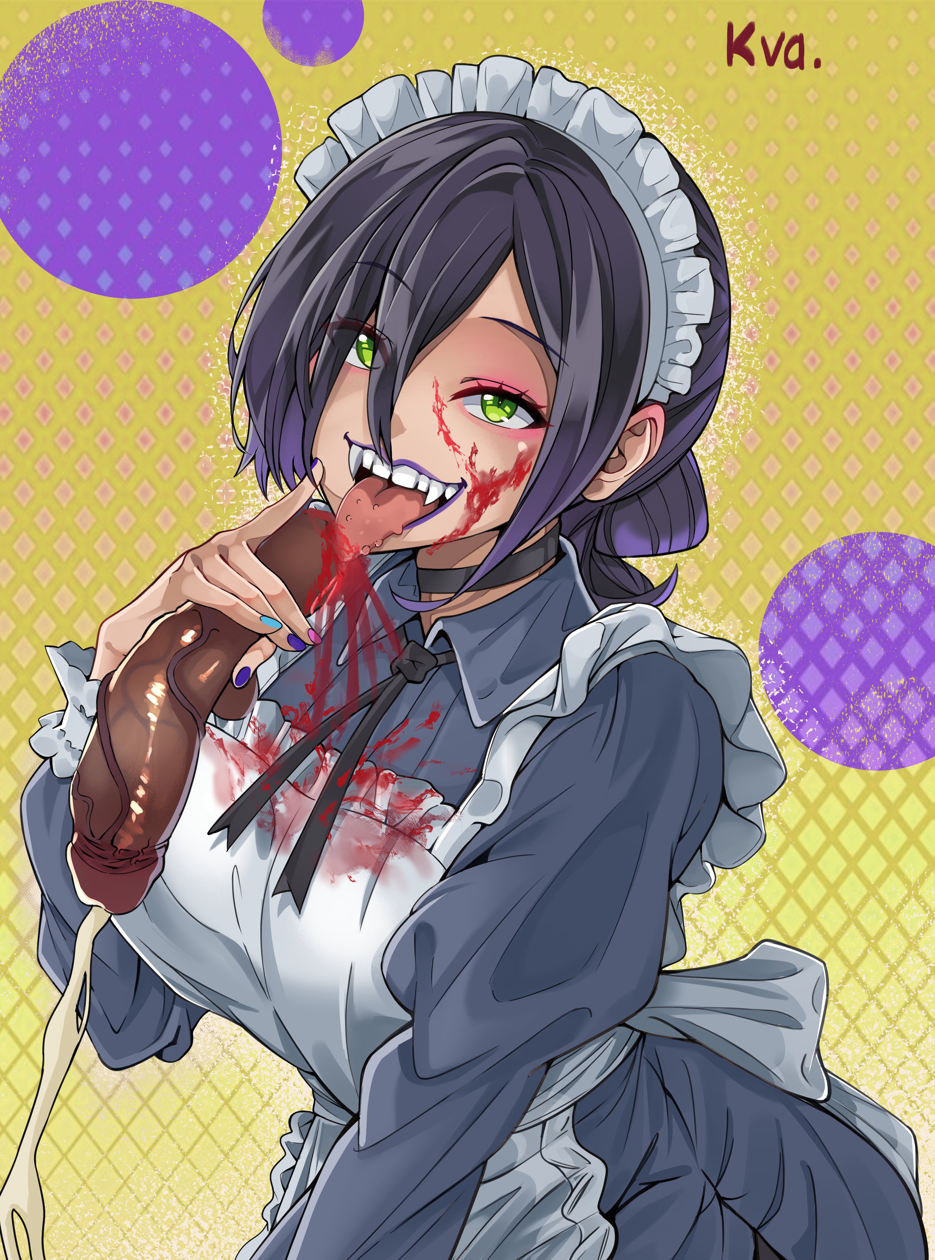 1girls, blood, blood on face, castration, chainsaw man, choker, ejaculation, gore, guro, kvarts, maid uniform, male ryona, penectomy, penis, purple lipstick, reze (chainsaw man), severed penis, sharp teeth, smile, tongue out