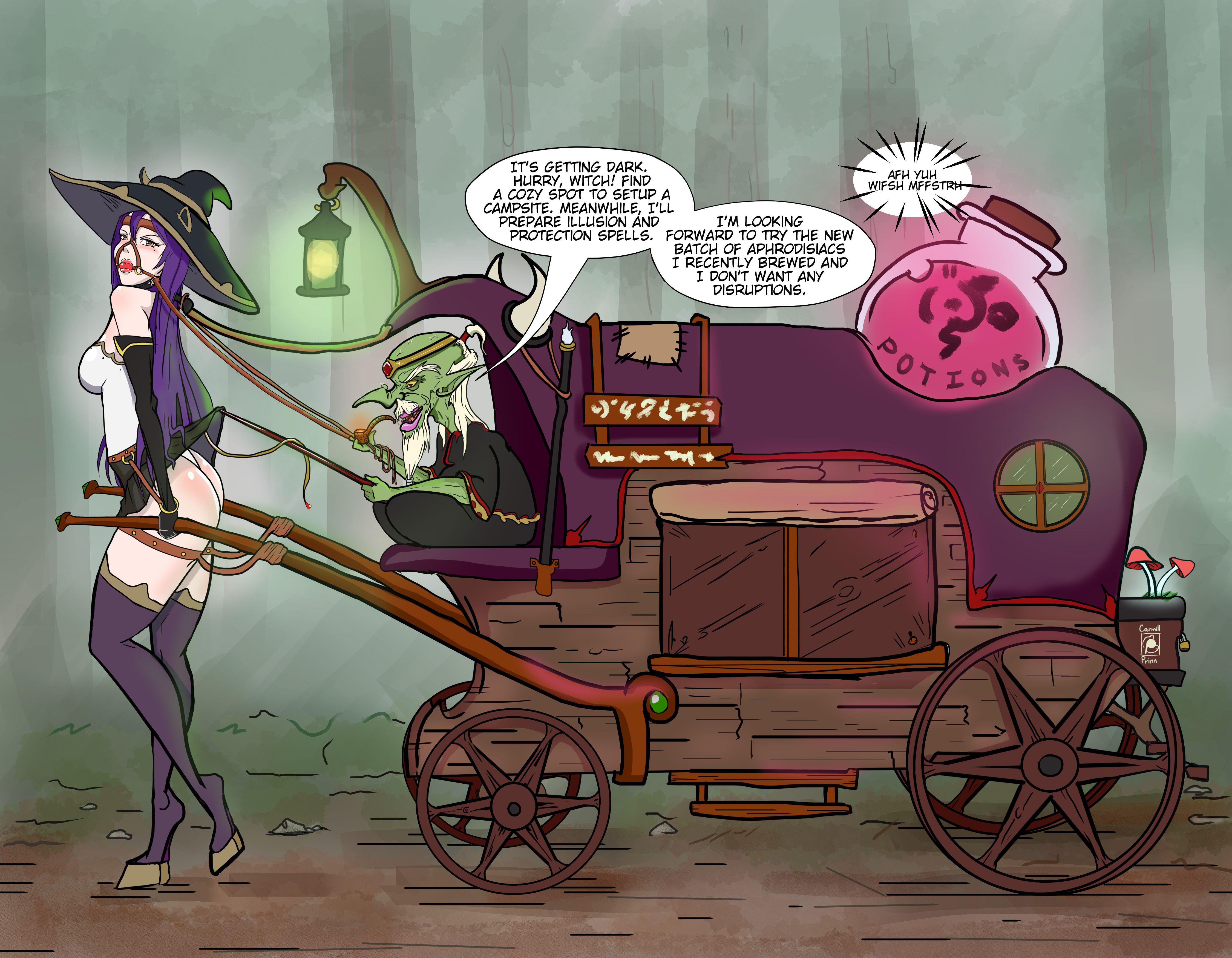 1girls, ball gag, bondage, boots, bound, carmillprinn, english text, female, femsub, forest, gag, gagged, gagged speech, goblin, goblin male, goblin slayer, green skin, harness gag, hat, maledom, miniskirt, mist, outdoors, panties, pony boots, pony girl, ponygirl, ponyplay, purple hair, size difference, skirt, skirt lift, small dom big sub, speech bubble, text, thigh boots, thigh high boots, witch, witch (goblin slayer), witch hat