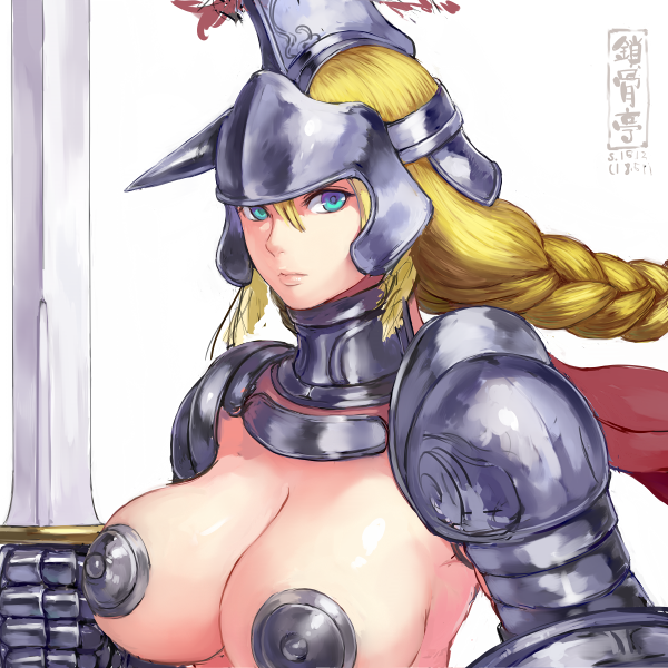 1girls armor blonde_hair blue_eyes breasts female female_only holding_weapon looking_at_viewer mikanman nipple_bulge nipples pointless_armor solo solo_female sword