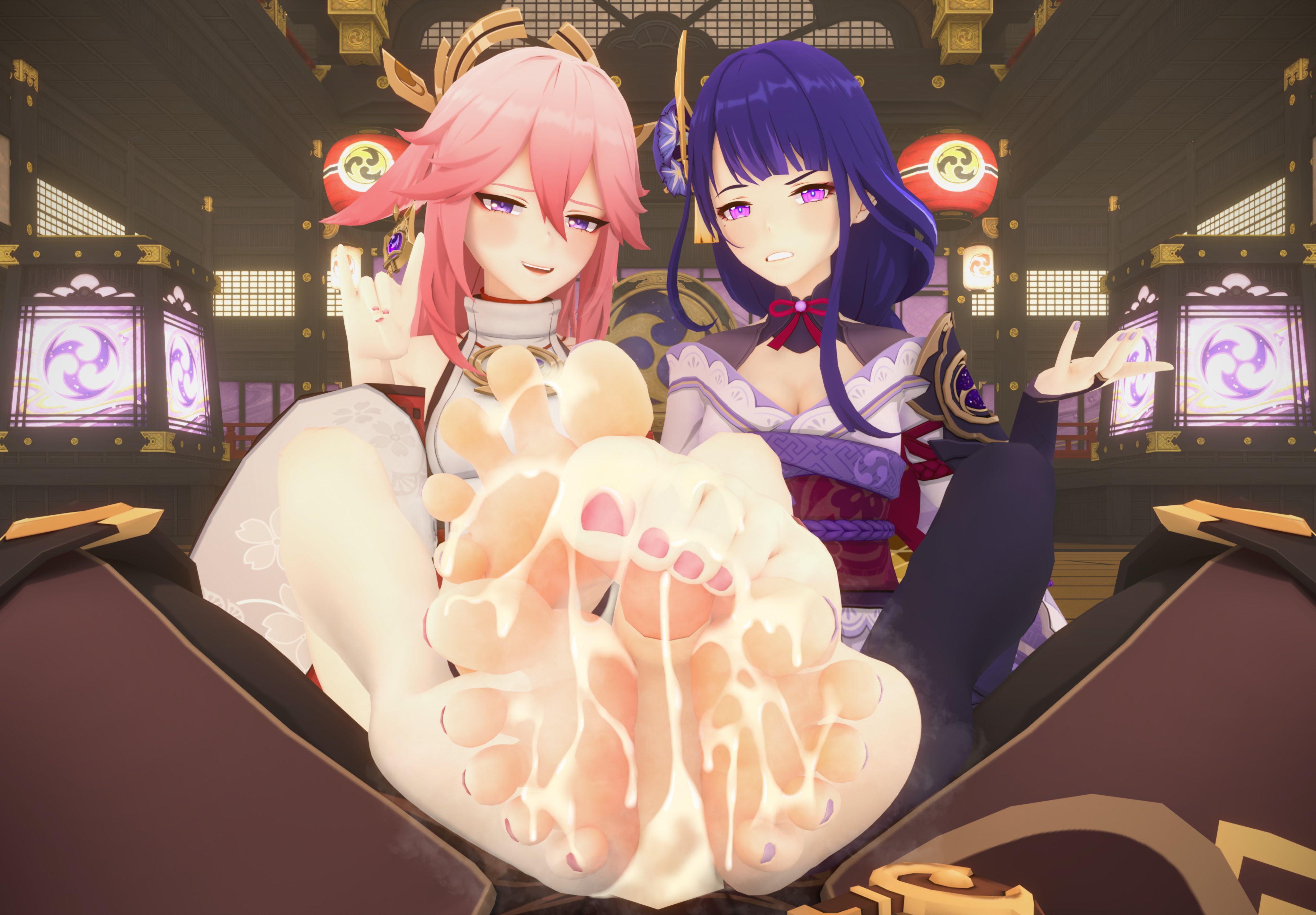 1girls, 2girls, 3d, aether (genshin impact), anime girl, asian, asian clothing, blue hair, collaborative footjob, cum, cum on feet, cute face, fayeyyun (artist), feet, female, female focus, female on top, foot fetish, foot focus, footjob, genshin impact, long hair, male pov, mihoyo, penis, penis out, pink hair, pov, raiden shogun, soles, teasing, toenail polish, toes, yae miko