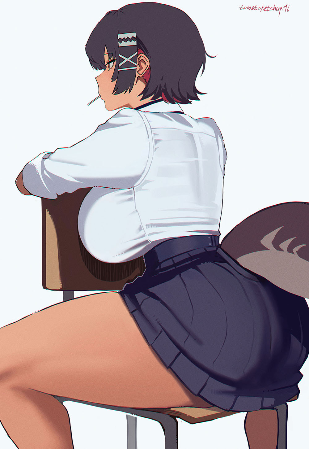 ass, back, back focus, back view, big ass, big breasts, big butt, black hair, blue skirt, collar, ellen joe, ellen joe (on campus), hair ornament, hoyoverse, huge breasts, lollipop, multicolored hair, red eyes, red hair, shark girl, shark tail, short hair, sideboob, sitting on chair, skirt, tanned, tanned body, tanned female, tanned skin, thick thighs, thighs, thight clothing, tomatoketchup96, white shirt, zenless zone zero