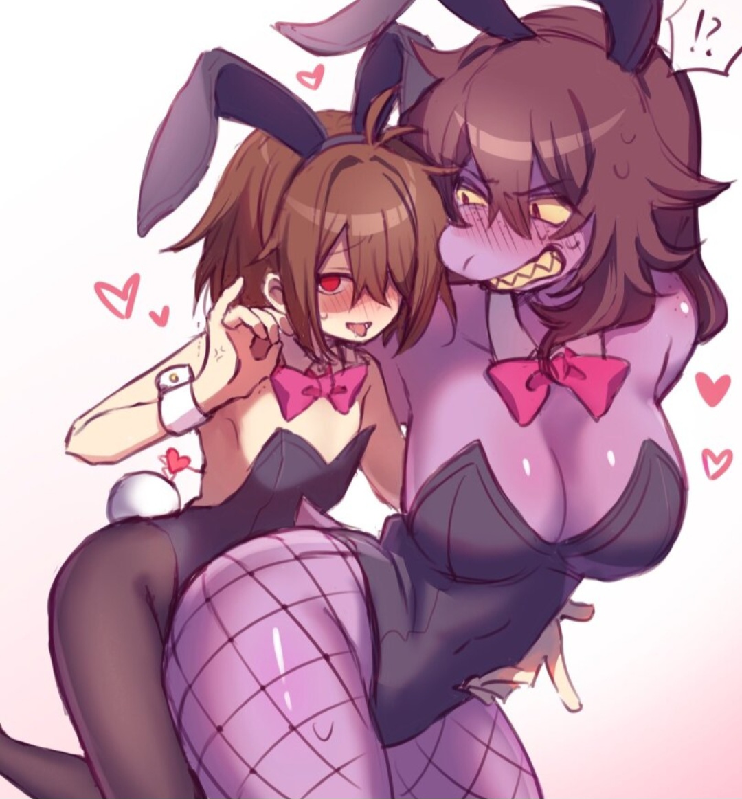 2d, 2d (artwork), anthro, anthro female, bitch boy, blush, boobs, bow, bowtie, brown hair, bunny boy, bunny ears, bunny girl, bunny tail, bunnysuit, confused, crossdressing, crossdressing (mtf), crossdressing male, curvy, curvy figure, deltarune, digital drawing (artwork), digital media (artwork), eyebrows, eyelashes, female, female anthro, femboy, femenine male, fishnet legwear, fishnets, flat chest, friends, frown, frowning, gay, gay anal, hand gesture, heart, heart symbol, hearts, helpless, helpless female, helpless male, homosexual, homosexual female, homosexual male, horny, human, humanoid, kris (deltarune), larger female, lesbian, lizard girl, male, male penetrated, male/female, male/male, matching hair/eyes, matching outfit, monster, monster girl, non-binary, non-human, nonbinary, red eyes, red heart, red soul, sharp teeth, soul, spiky hair, stockings, susie (deltarune), sweating, tail, teenager, teenager on teenager, tomboy, tomboyish, tongue, tongue out, twink