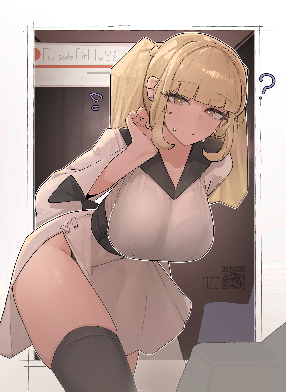 ?, 1girls, 2d, 2d (artwork), azz0422, bangs, big breasts, blonde hair, blunt bangs, blush, breasts, closed mouth, furisode, furisode girl (pokemon), furisode girl katherine, game freak, health bar, japanese clothes, kimono, leaning forward, looking at viewer, nintendo, npc trainer, pokemon, pokemon xy, pov, sweat, yellow eyes
