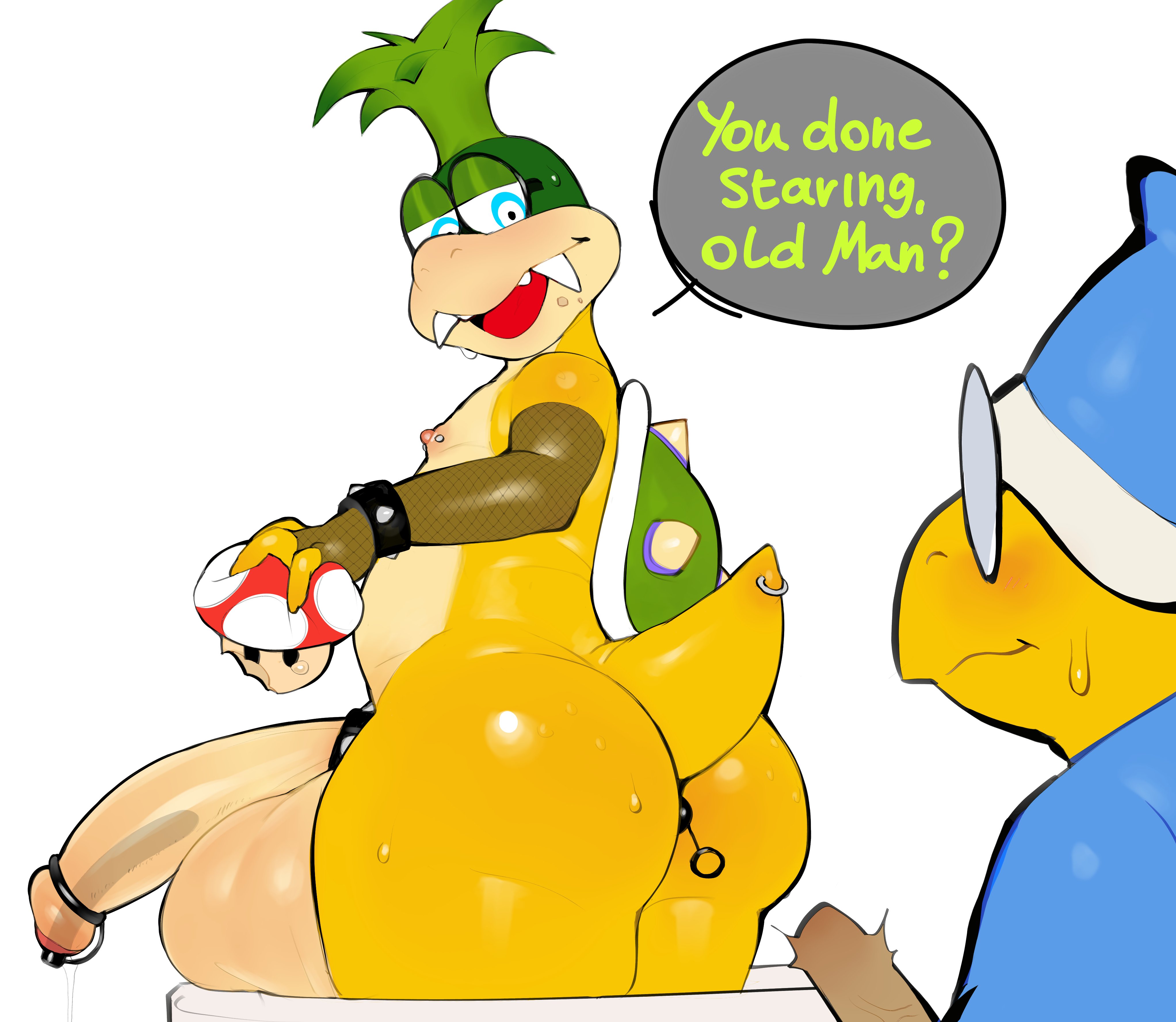 2boys, 2d, absurd res, anal beads, anal beads in ass, anthro, anthro male, anthro only, arm stockings, ass, balls, big ass, big balls, big penis, bubble butt, clothing, cock, erect, erection, eyewear, femboy, femboy only, fully clothed, furry, furry male, genitals, girly, glasses, huge balls, huge penis, iggy koopa, kamek, konni, konnikokonni, koopa, koopaling, looking at another, looking back, looking back at another, magikoopa, male, mario (series), mushroom, naked, nintendo, nipples, no sex, nude, open mouth, penis, piercing, precum drip, scalie, scalie male, sex toy, shell, short tail, simple background, sounding, sounding rod, standing, sweat, sweatdrop, tagme, tail, tall, thick thighs, thighs, urethral penetration
