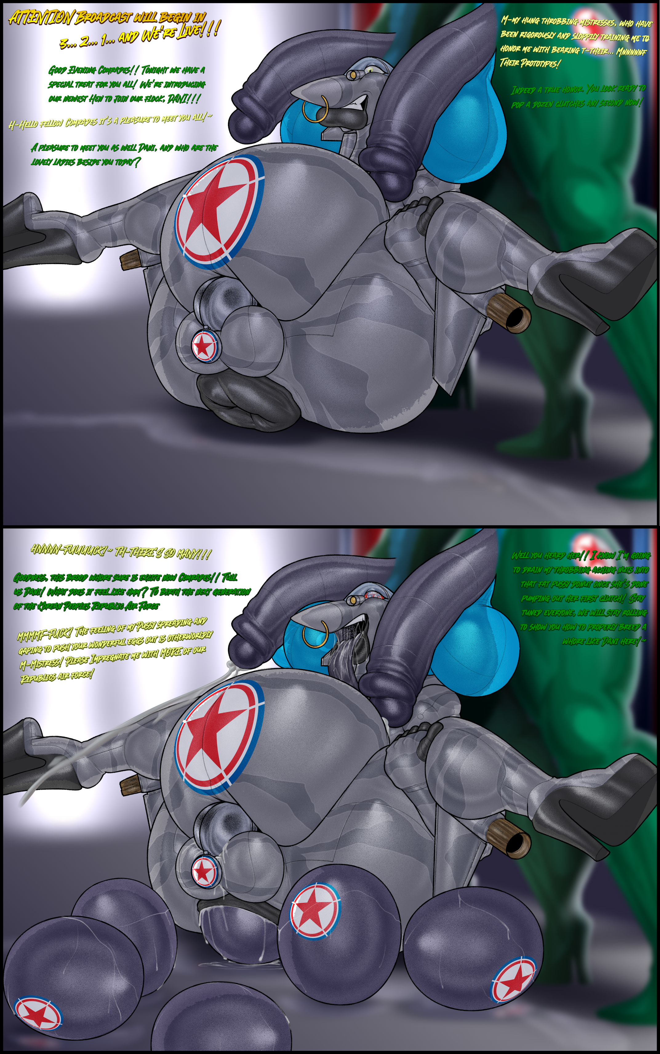 1boy, 2futas, aeromorph, anal egg laying, anthro, before and after, big balls, big penis, blue body, brainwashed, broadcast, built-in high heels, camouflage, chastity cage, chastity device, clenched teeth, corruption, cum on body, cumshot, daniel (tom18), dialogue, egg, egg laying, eggs, ejaculation, elbow sleeve, embarrassed nude male, english dialogue, english text, eurofighter typhoon, feminization, futadom, futanari, glitched eyes, green body, grey body, high heels, hoop nose ring, huge balls, huge cock, imminent egg laying, indoors, leg lift, licking lips, living machine, male, male pregnancy, malesub, mind break, monocle, morningstarlewds, mpreg, muscular futa, nervous, north korea, nose ring, ownership tattoo, pregnant, pregnant male, ready to pop, recording, recording video, red eyes, saliva, shy, sitting, spontaneous ejaculation, spread legs, static eyes, story at source, stuttering, submissive male, tattoo, text, tongue out