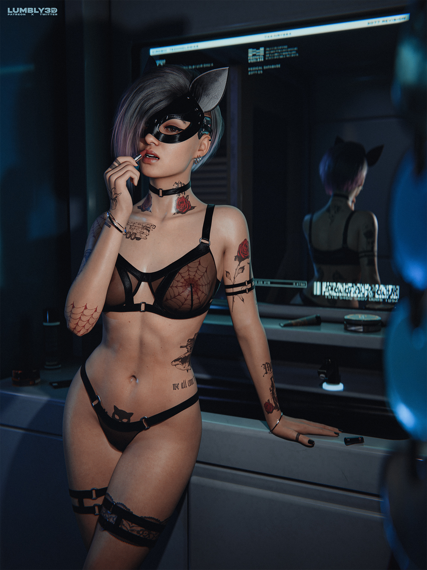 1girls, 2023, 3d, applying lipstick, areolae, areolae visible through clothing, black hair, black nail polish, bra, breasts, brown eyes, cat eyeliner, cat mask, covered breasts, cowboy shot, cyberpunk 2077, detailed background, domino mask, dyed hair, ear piercing, earrings, eyeliner, eyeshadow, fake animal ears, fake cat ears, female, female only, female torso, fit, fit female, front view, highly detailed, indoors, judy alvarez, leaning on object, legs together, lingerie, lingerie only, lipstick, looking at viewer, lumbly3d, medium breasts, nail polish, navel, nipples, nipples visible through clothing, nose piercing, nose ring, painted nails, panties, piercing, piercings, purple fade hair, red lipstick, see-through, see-through bra, shaved side, solo, standing, tattoo, tattoos, tattoos everywhere, thigh gap, thigh strap, thigh straps, upper body, winged eyeliner