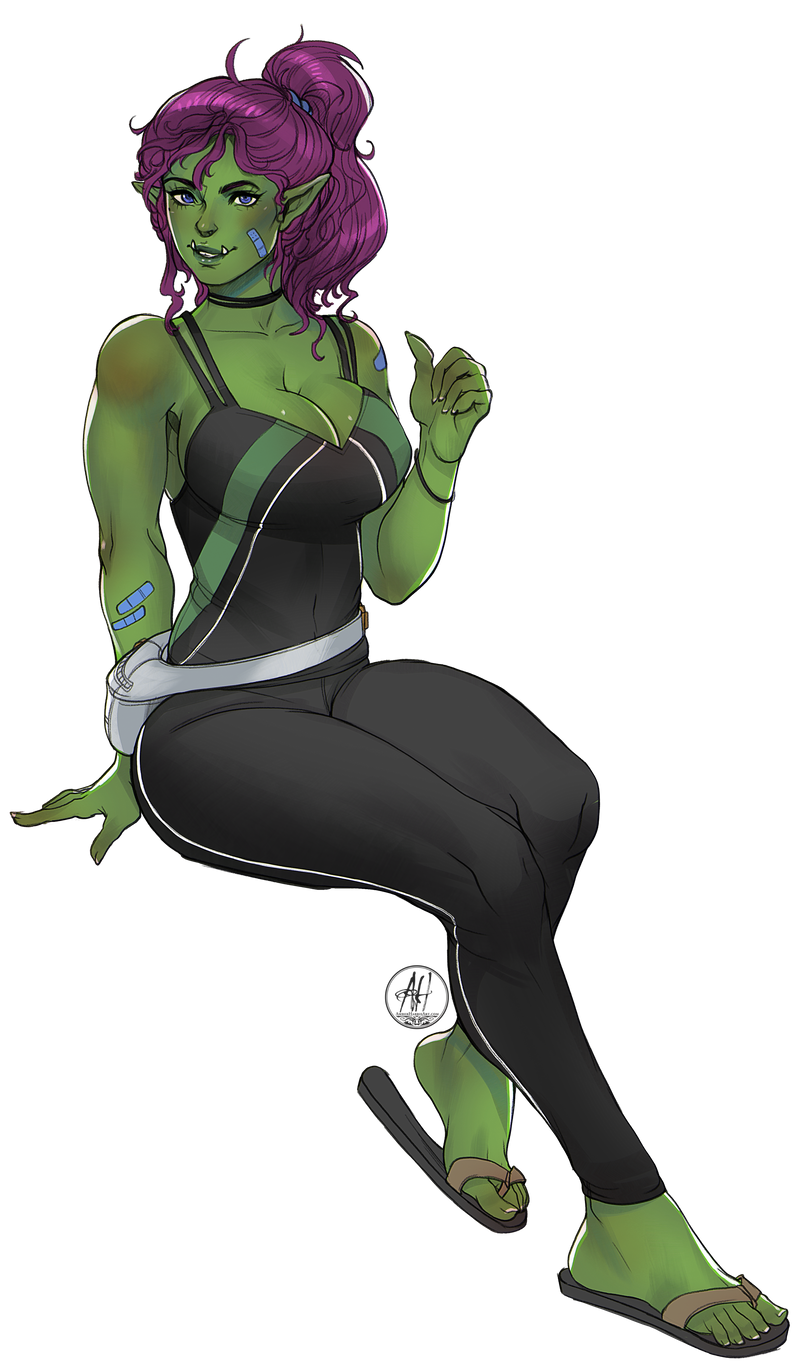 2019 amber_harris bag bandages belt big_breasts blush bra_strap breasts clothing fanny_pack feet female female_only flip_flops green_skin long_ears orc orc_female ponytail red_hair redhead sandals sitting solo solo_female tight_clothing tusks