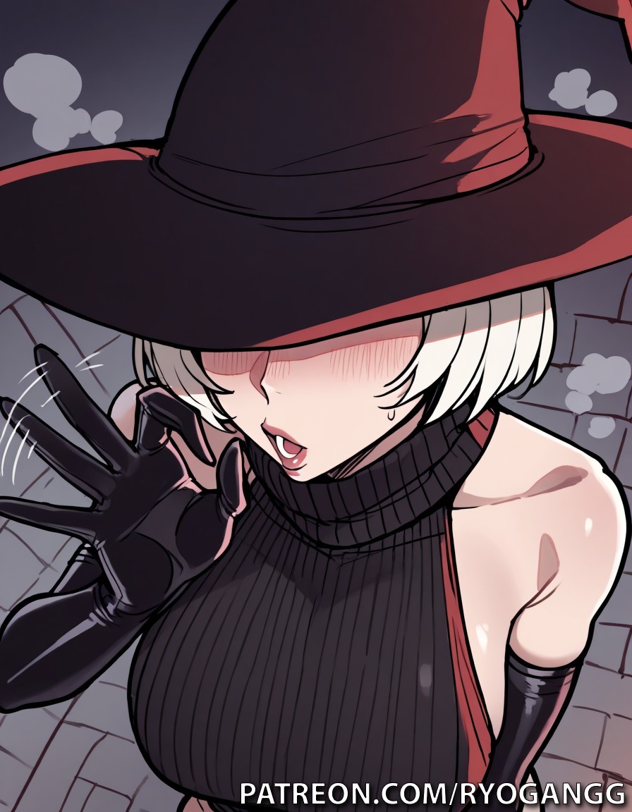 1female, 1girls, 2d, 2d (artwork), ai generated, alternate breast size, alternate costume, black stockings, blindfold, blindfolded, blindfolded female, blowjob, blowjob gesture, female, fishnet stockings, fishnets, gesture hand, halloween, halloween costume, halloween theme, high resolution, highres, light skin, light-skinned female, nier, nier (series), nier: automata, patreon, patreon username, ryogangg, seductive, seductive look, short hair, stockings, sweatshirt, thick thighs, thighhighs, thighs, thong, thong aside, tight clothing, tight fit, white hair, witch, witch costume, witch hat, yorha 2b