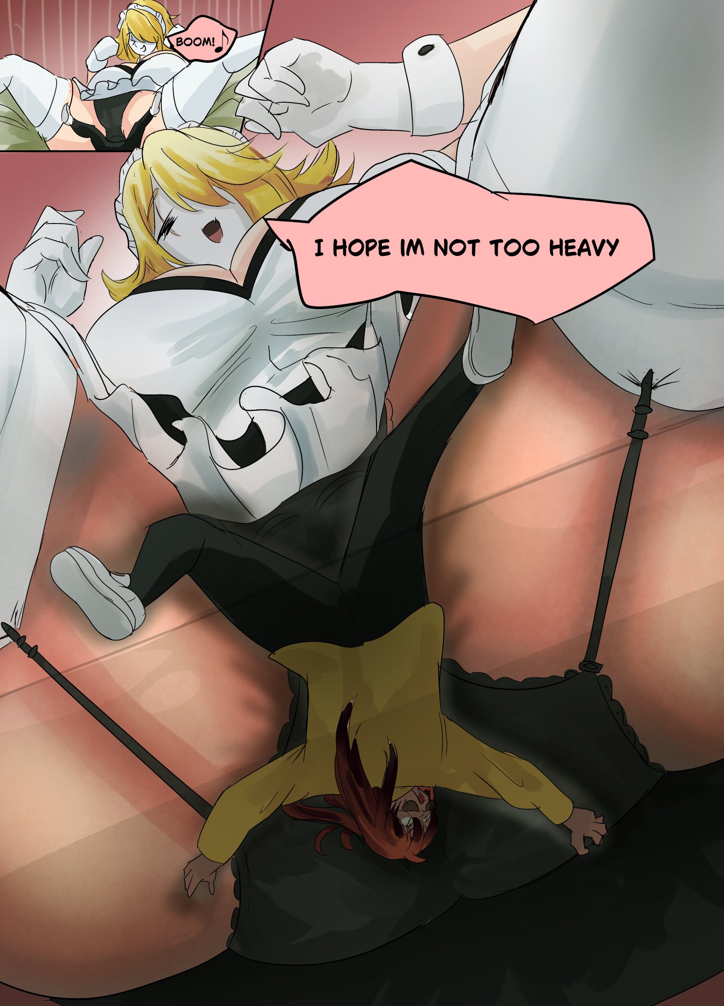 bakalorin, blonde female, blonde hair, blonde hair female, buttcrush, crushed by ass, giantess, locket white (bakalorin), maid, maid uniform, mini giantess, shoiichii, shy gal, sitting on person, viewed from below