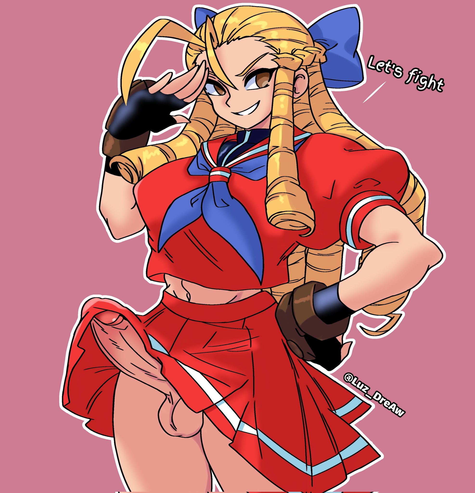 2d, blonde hair, bow ribbon, brown eyes, busty, capcom, drill hair, erect penis, erection, futa focus, futa only, futanari, going commando, hourglass figure, karin kanzuki, long hair, luz dreaw, miniskirt, no panties, penis, ribbon, ribbon in hair, school uniform, schoolgirl, skirt, skirt lift, street fighter, street fighter alpha, tagme, wide hips