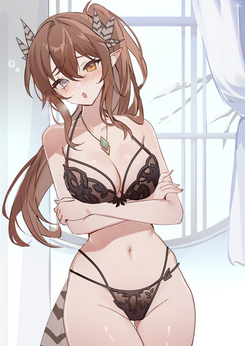 :o, bird tail, blush, bow, bow bra, bra, branch, breasts, breath, brown bra, brown hair, brown panties, cowboy shot, crossed arms, curtains, feather hair, female, gluteal fold, grey eyes, hair between eyes, heterochromia, highres, indie virtual youtuber, jewelry, kumi (vtuber), large breasts, long hair, looking at viewer, multi-strapped bra, multi-strapped panties, necklace, nose blush, panties, pointy ears, ponytail, scar, scar across eye, scar on face, snow, solo, stomach, string panties, tail, underwear, underwear only, virtual youtuber, window, woppu (woppuru), yellow eyes