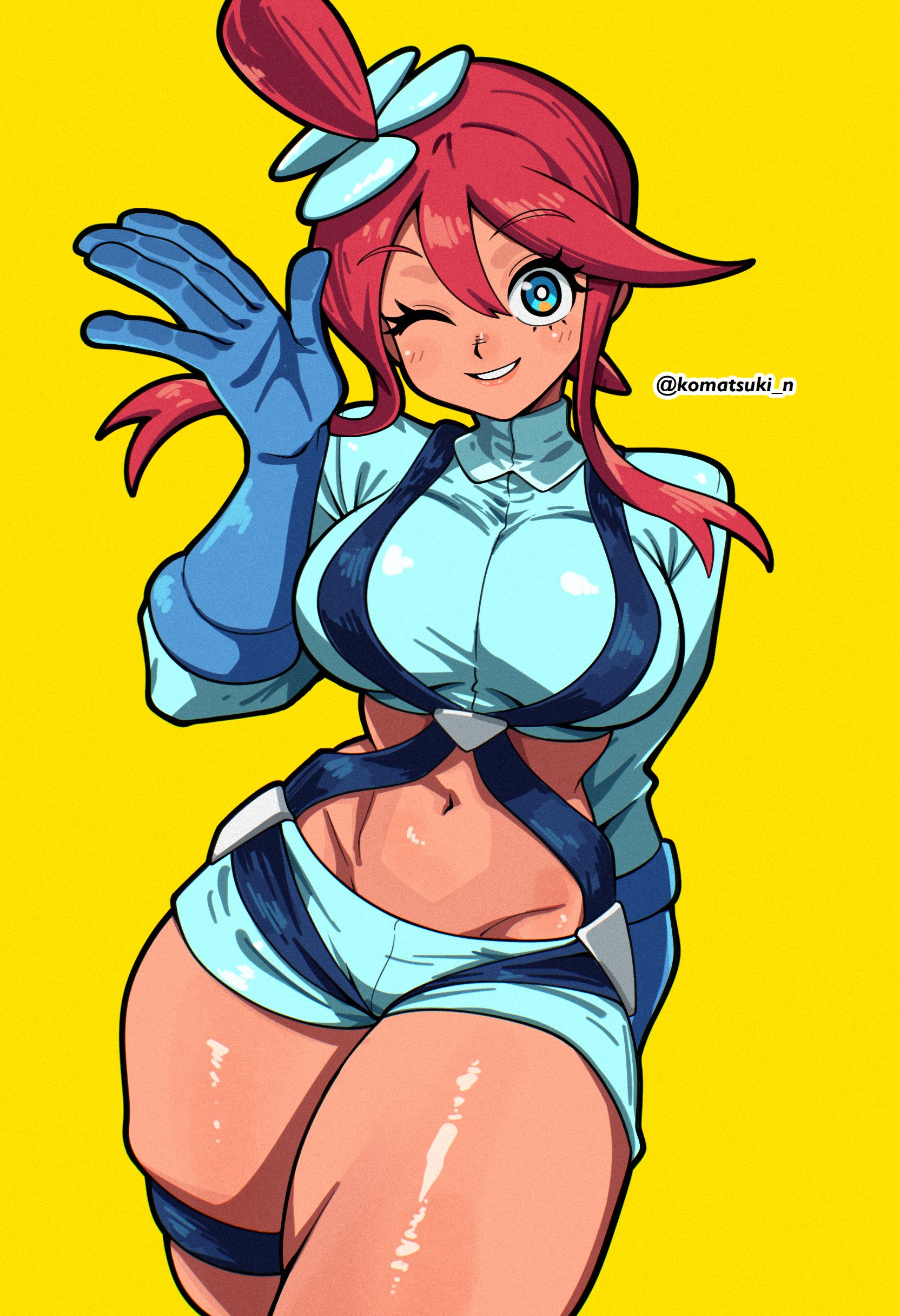 ;d, absurdres, aqua eyes, artist name, big breasts, blue gloves, blue jacket, blue shorts, breasts, bright pupils, commentary, cropped jacket, female, game freak, gloves, grin, hair between eyes, hair up, hand up, highres, jacket, komatsuki n, large breasts, midriff, navel, nintendo, one eye closed, one side up, pokemon, pokemon bw, red hair, short hair with long locks, short shorts, shorts, sidelocks, simple background, skyla (pokemon), smile, solo, swept bangs, thigh holster, thigh pouch, thigh strap, twitter username, waving, white pupils, wink, winking, winking at viewer, yellow background