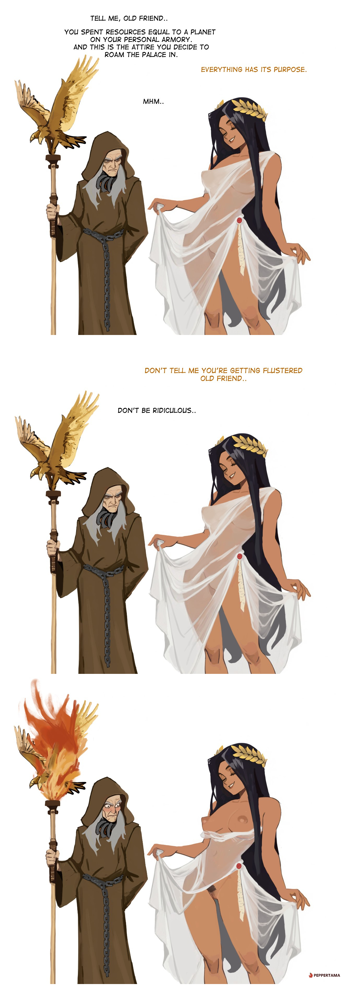 1girls, 2d, bare shoulders, breasts, brown hair, cleavage, dark-skinned female, duo, female, female pubic hair, genderswap (mtf), god-emperor of mankind, gold crown, hourglass figured female, imperium of man, laurel crown, leaf crown, long hair, malcador the sigillite, male, midriff, navel, nipples, older male, peppertama, post-human, pubic hair, purity seal, pussy, rule 63, see-through, see-through clothing, silk dress, teasing, trimmed pubic hair, very long hair, warhammer (franchise), warhammer 40k