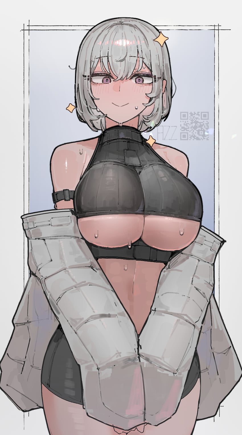 azz0422, bare shoulders, big breasts, breasts, commission, cowboy shot, crop sweater, eyelashes, grey hair, hair between eyes, jacket, jacket partially removed, looking at viewer, navel, oc, original character, purple eyes, short hair, short shorts, shorts, sleeveless, sleeveless sweater, smile, sparkles, sweat, sweater, thick thighs, thighs, underboob