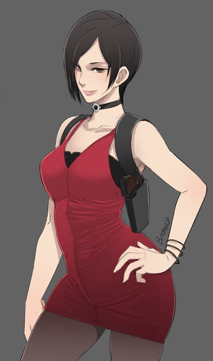 1girls, 2026, 2d, 2d (artwork), ada wong, armlet, artist name, bare shoulders, big breasts, black hair, bob cut, bracelet, bracelets, breasts, brown eyes, butcha-u, capcom, choker, closed mouth, clothed, clothed female, commentary request, contrapposto, cowboy shot, dress, female, female only, grey background, gun, hand on own hip, handgun, highres, holster, jewelry, large breasts, lipstick, looking at viewer, makeup, pale skin, pale-skinned female, pantyhose, red dress, red lips, resident evil, resident evil 2, resident evil 2 remake, sfw, short hair, simple background, smile, smiling at viewer, solo, solo female, standing, undershirt, weapon