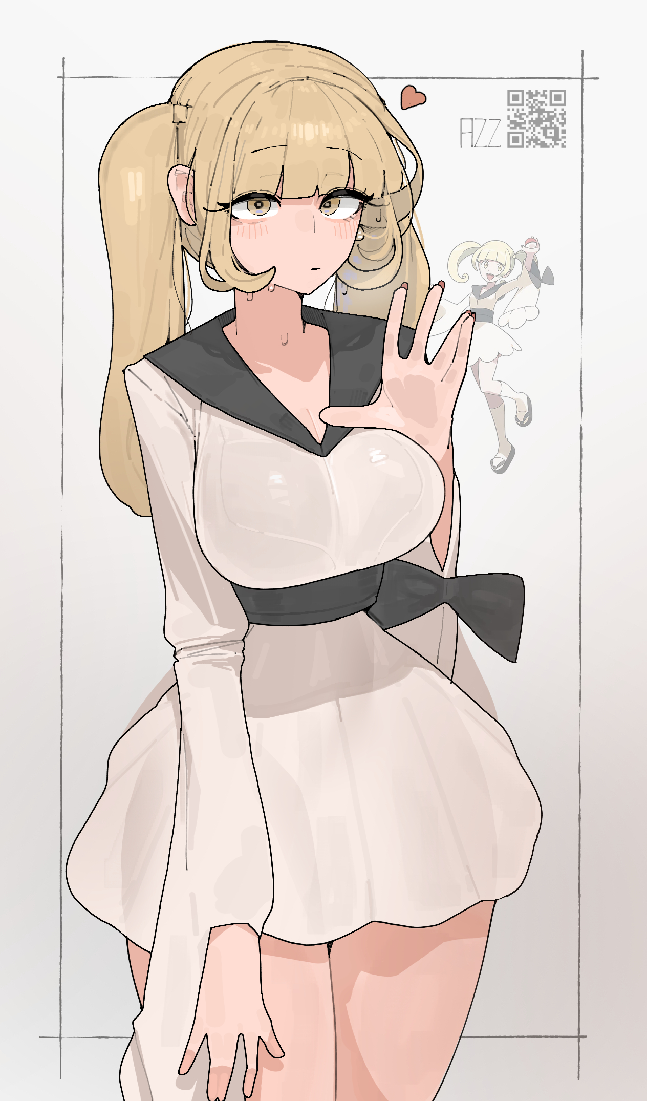 1girls, 2d, 2d (artwork), azz0422, bangs, big breasts, blonde hair, blunt bangs, blush, breasts, closed mouth, fingernails, furisode, furisode girl (pokemon), furisode girl katherine, game freak, heart, japanese clothes, kimono, looking at viewer, nintendo, npc trainer, pink fingernails, pokemon, pokemon xy, pov, yellow eyes