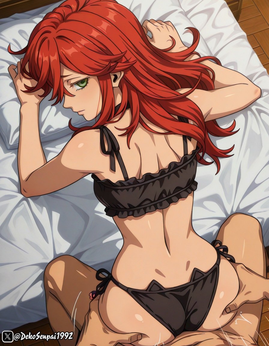 1boy, 1girls, ai generated, ass grab, bed, doggy style, gachiakuta, looking at viewer, looking back, looking up, on bed, pov, riyou reaper, underwear
