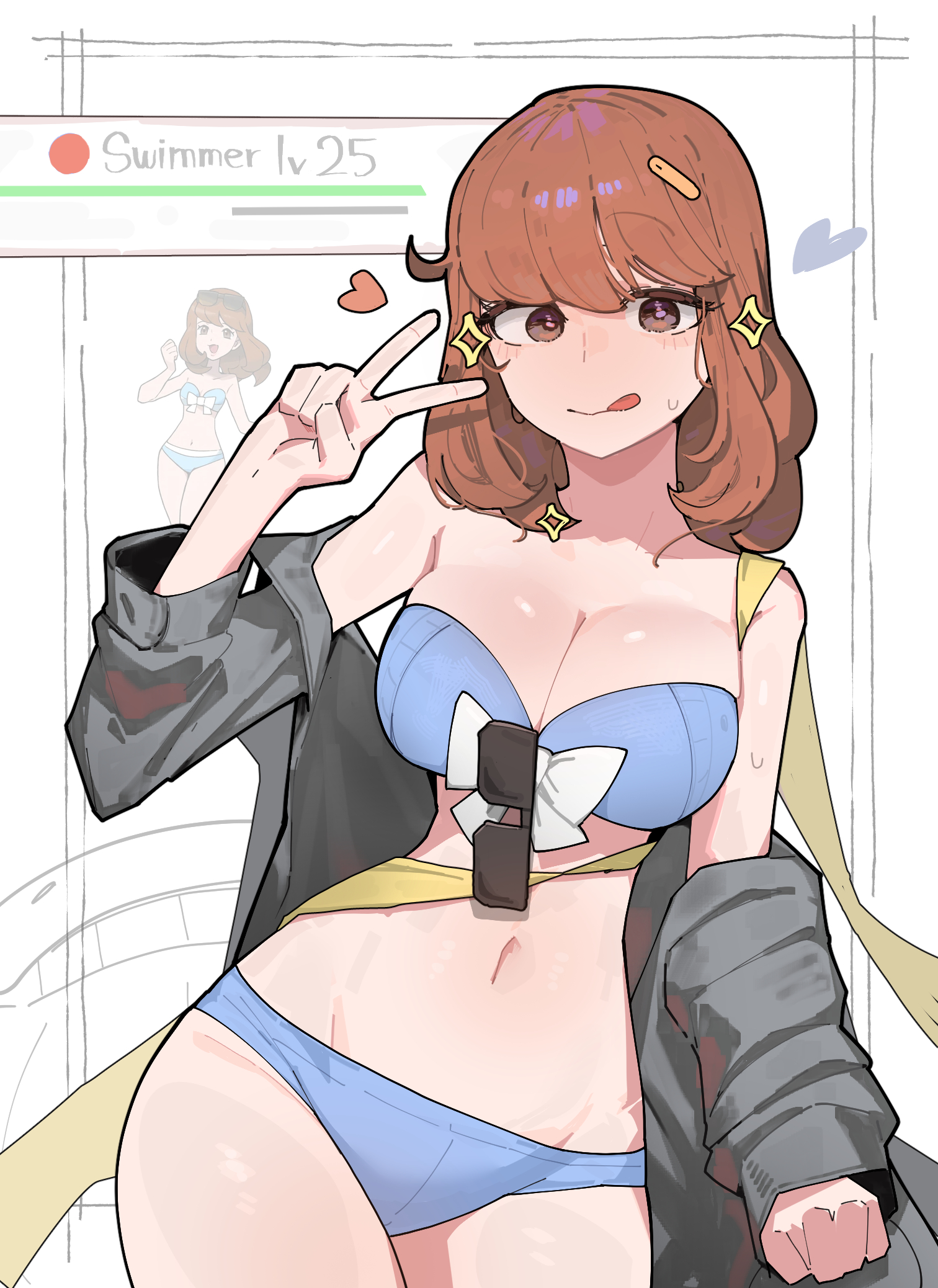 1girls, 2d, 2d (artwork), azz0422, bikini, blue bikini, brown hair, game freak, hairpin, health bar, heart, jacket, jacket partially removed, looking at viewer, navel, nintendo, npc trainer, orange eyes, pokemon, pokemon oras, ribbon, short hair, smile, solo, sparkles, stomach, strapless, sunglasses, sweat, swimmer (pokemon oras), swimmer (pokemon), swimsuit, tounge out, white bow