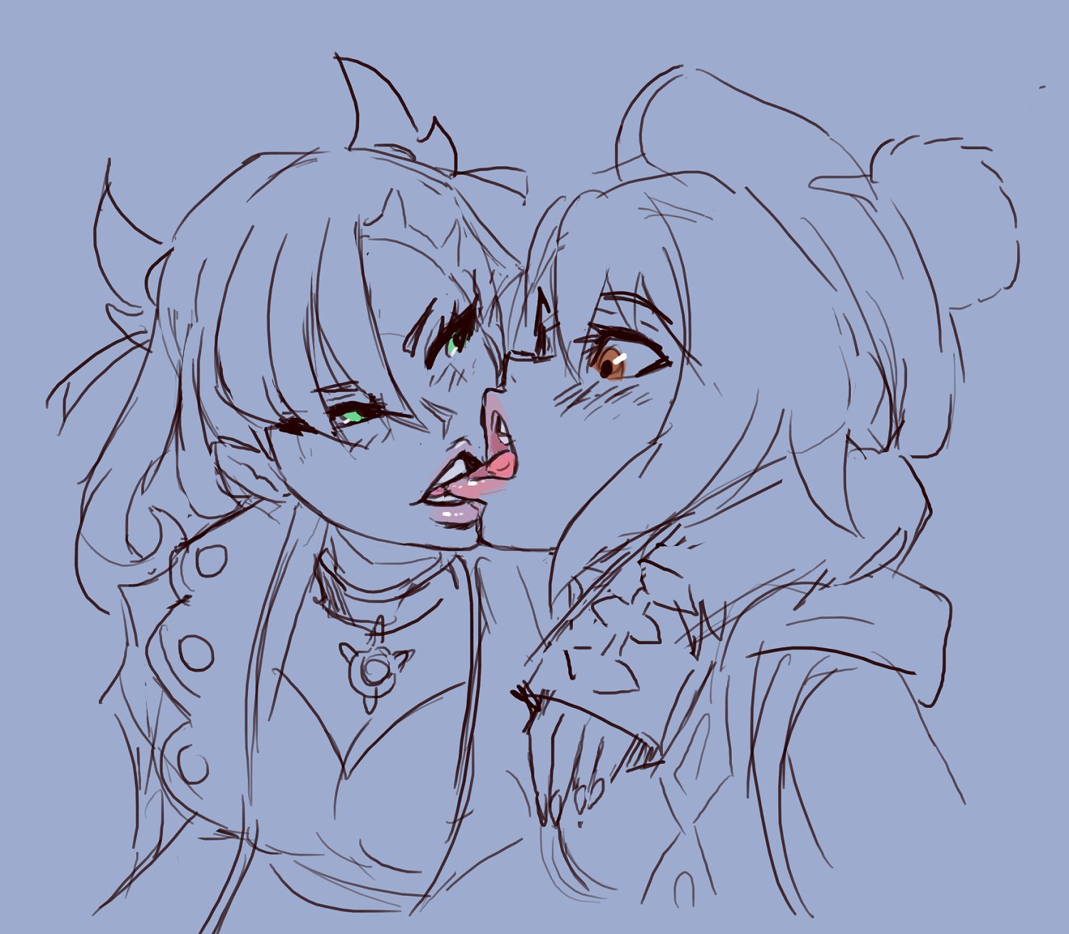 2girls, biting lip, blush, breasts, eye contact, female, game freak, gloria (pokemon), half-closed eyes, human, human only, looking at another, marnie (pokemon), nintendo, partially colored, pokemon, pokemon ss, sketch, ungulatr, yuri