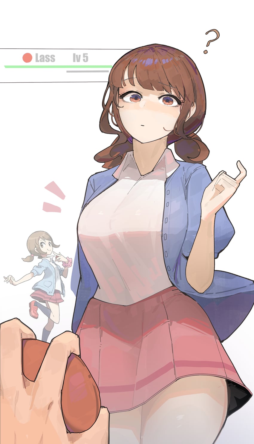 ?, 1girls, alternate version available, azz0422, big breasts, blush, brown hair, closed mouth, eyelashes, game freak, health bar, lass (pokemon oras), lass (pokemon), looking at viewer, low twintails, nintendo, npc trainer, orange eyes, pink skirt, pokeball, pokemon, pov, short sleeves, white shirt