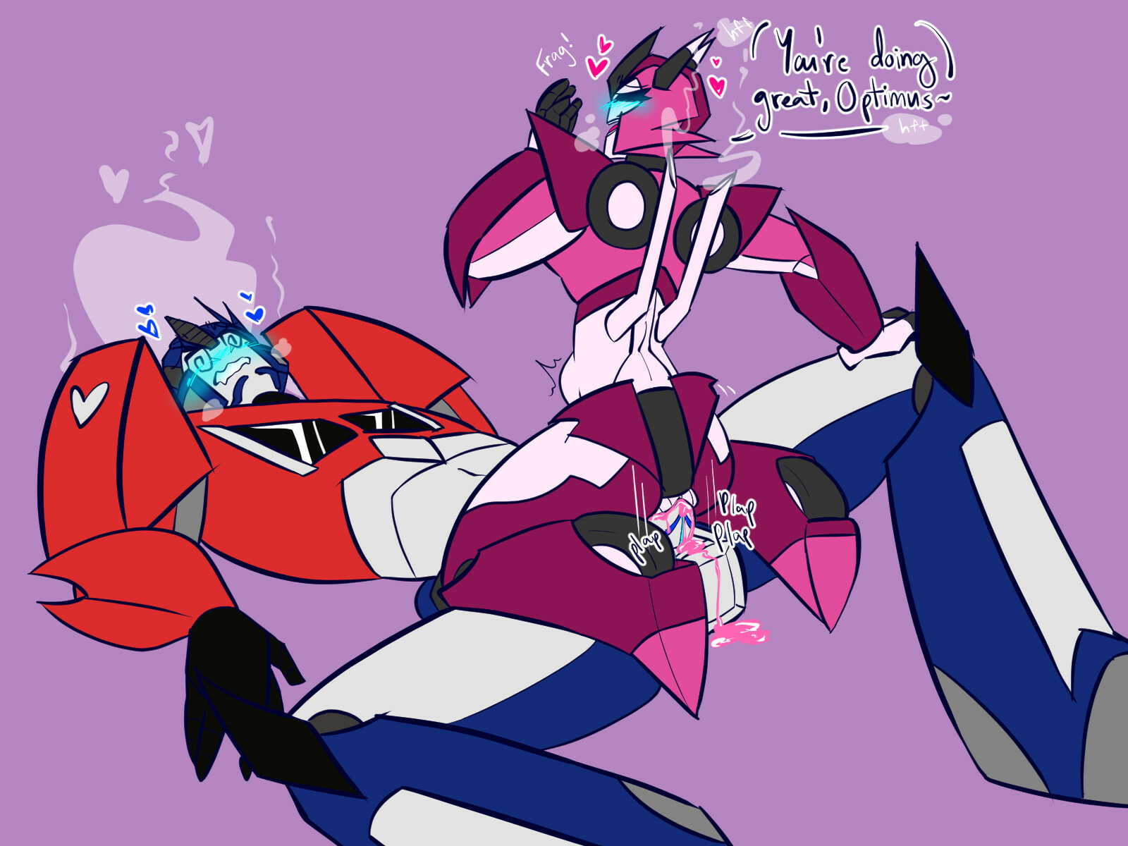 1boy, blue eyes, blush, boyfriend-girlfriend, cowgirl position, cum in pussy, elita-one, female, large penis, laying down, making love, optimus prime, penis in pussy, pussy, pussy juice, straight, stuffedbakedpotatoes (artist), transformers, transformers prime, vagina, valveplug