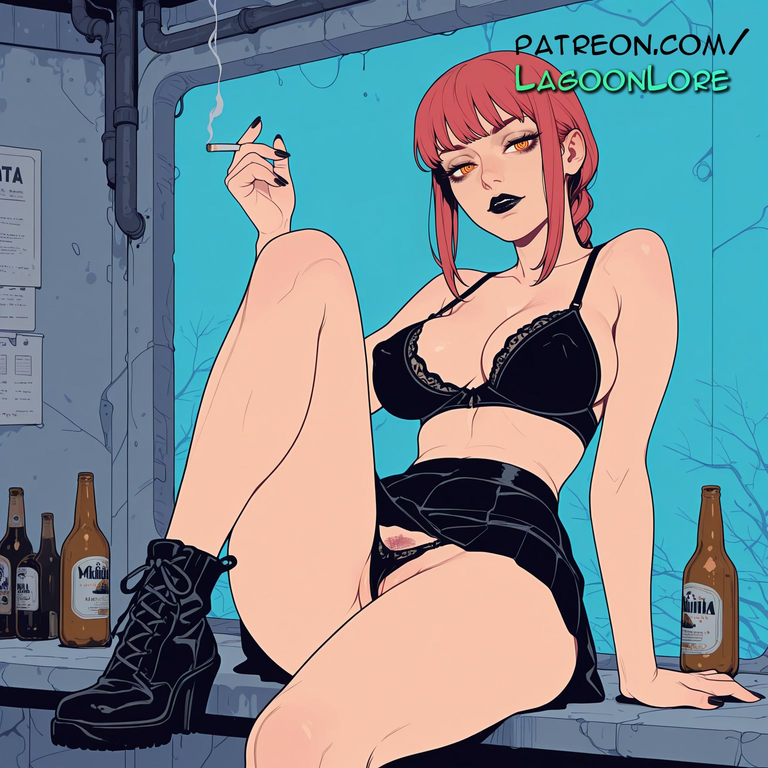 ai generated, alcohol, aqua nails, artist name, bangs, beer, beer can, black bra, black nails, black panties, blue nails, bottle, bra, breasts, bust, can, chainsaw man, chest, cigarette, clitoral hood, drunk, english text, exposed pussy, female, gun, hi res, highres, juicy pussy, lagoonlore, lipstick, makeup, makima (chainsaw man), nail polish, panties, patreon, patreon username, pink nails, pussy, sitting, skirt, smoking, soda can, solo, tight pussy, uncensored, underwear, vagina, watermark, whiskey, wine bottle