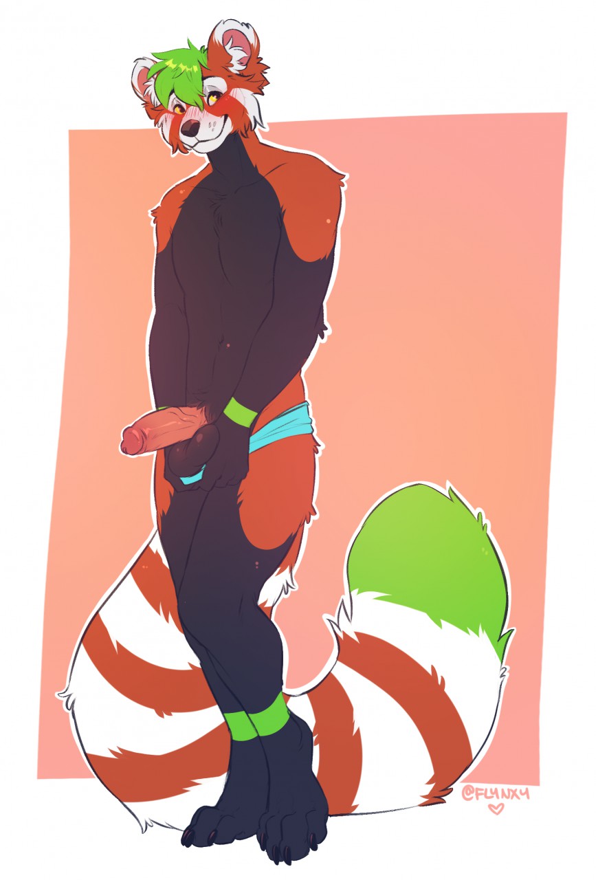 ailurid anthro balls black_body black_fur blush clothed clothing digital_media_(artwork) flynx-flink fur genitals green_body green_fur green_hair hair hi_res male male_only mammal paws penis red_body red_fur red_panda shy smile solo standing striped_tail stripes vein