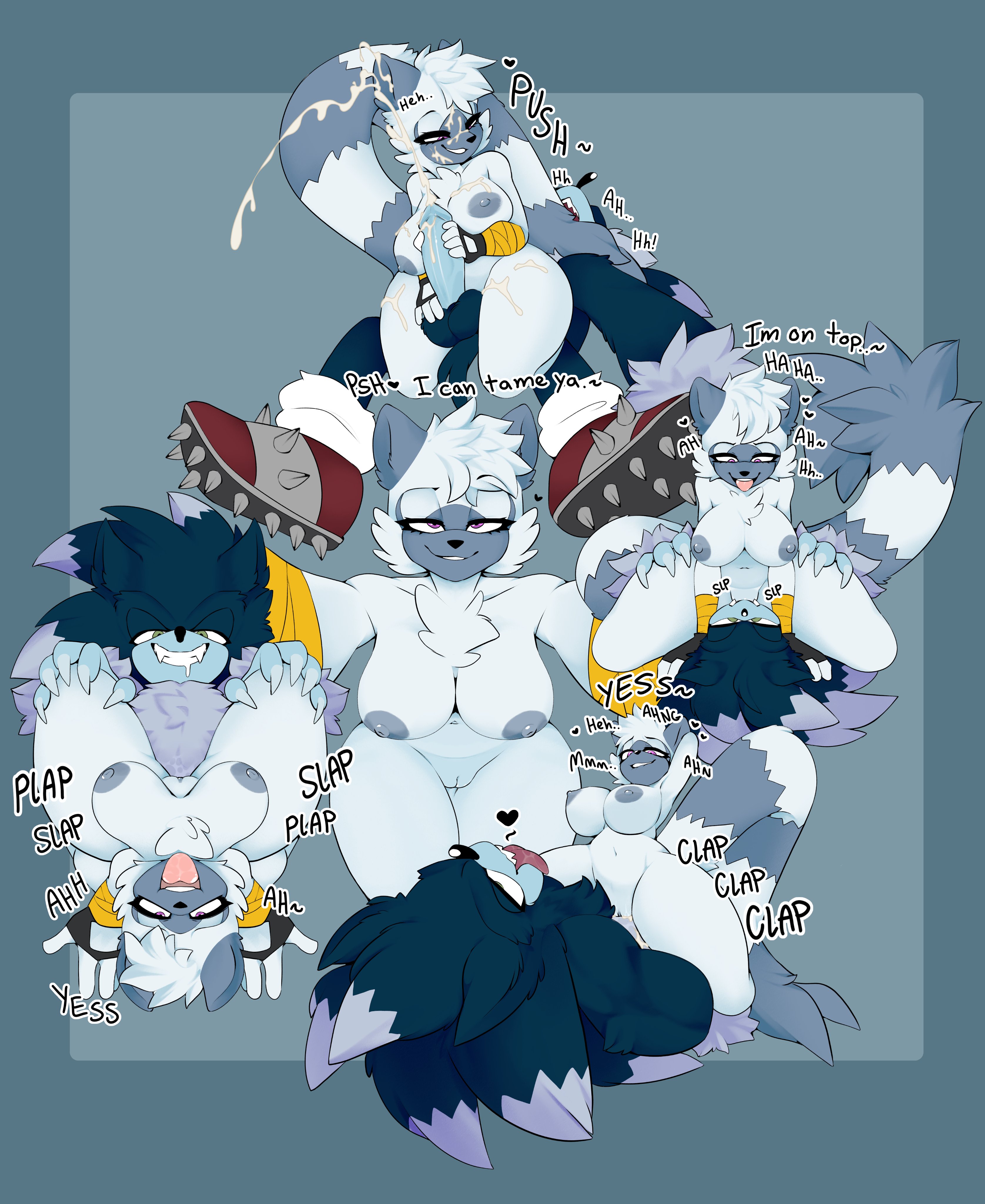 anthro on anthro, anthro only, anthro penetrated, anthro penetrating anthro, cum, cum on breasts, cum on chest, cum on face, cum on thighs, cunnilingus, green eyes, handjob, ki0nyxie, large breasts, multiple views, oral sex, purple eyes, sega, sonic (series), sonic the hedgehog, sonic the hedgehog (series), sonic the werehog, spiked shoes, tagme, tangle the lemur, two-tone body, two-tone fur, werehog
