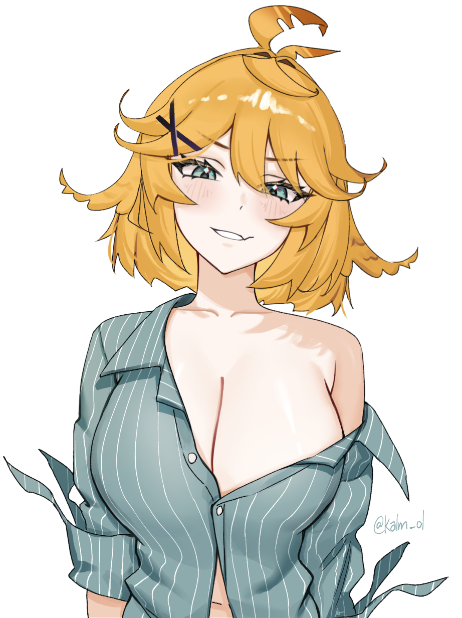 alternate breast size, alternate breast size (larger), aqua shirt, big breasts, blonde hair, breasts, cleavage, dokibird, dokibird (bounty hunter), feather hair, female, green eyes, hair ornament, highres, huge breasts, indie virtual youtuber, kalm ol, large breasts, massive breasts, navel, shirt, shoulders, smile, virtual youtuber, vtuber, white background, x hair ornament