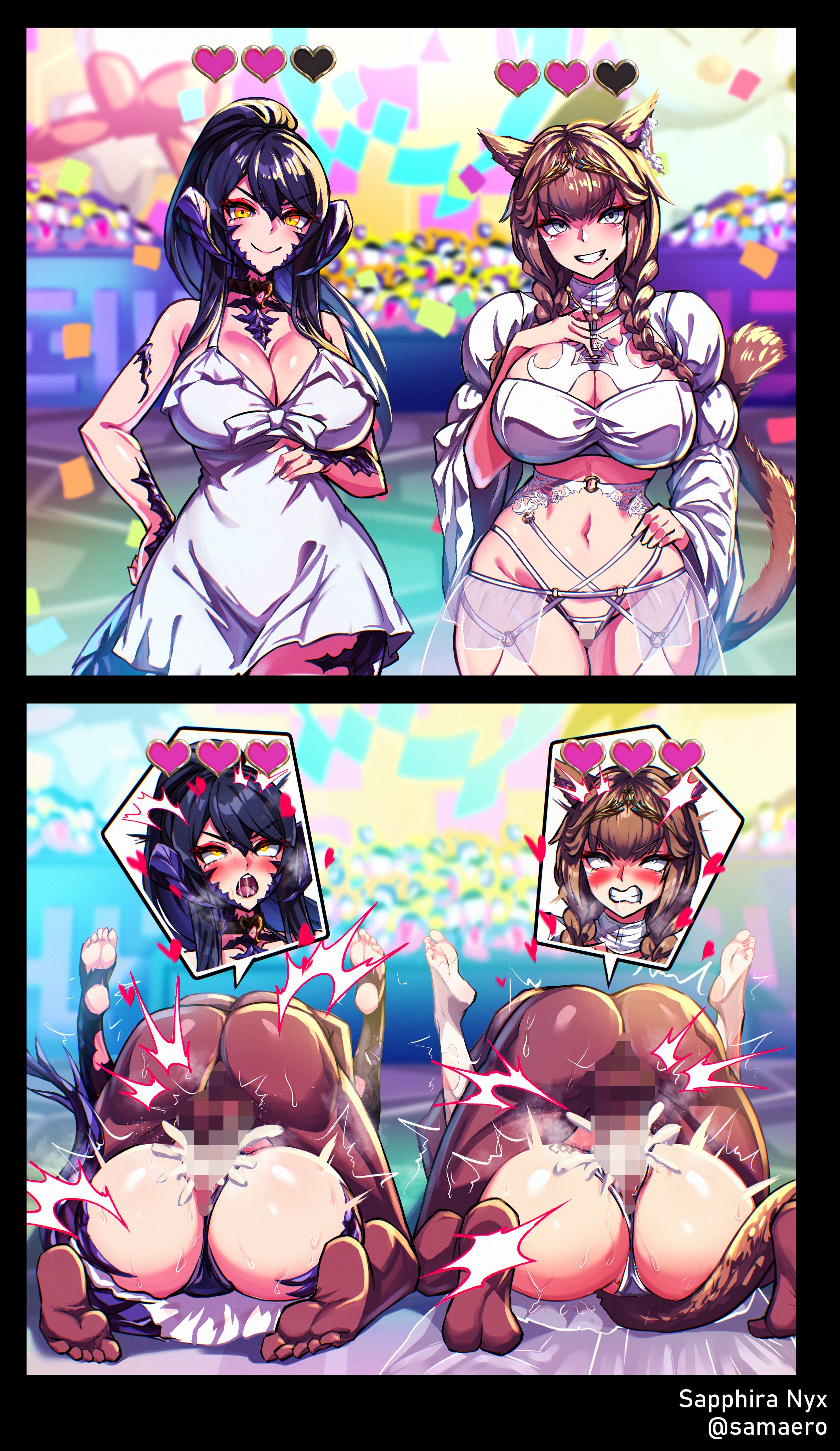 2boys, 2girls, ahegao face, au ra, blue eyes, brown hair, cat ears, cat tail, censored, challenge, cum, cum in pussy, cum inside, double mating press, ffmm foursome, final fantasy xiv, fucked silly, group sex, horns, large breasts, mating press, parallel sex, rolling eyes, samael (5211), sapphira nyx, sex, tail, thick thighs, vaginal penetration, vaginal sex, yellow eyes