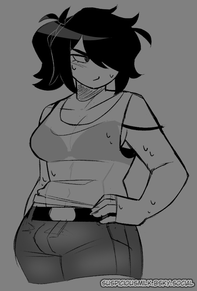 black hair, bra, bulge, bulge through clothing, bulge under clothes, jeans, oc, original character, see-through clothes, see-through clothing, see-through shirt, sketch, sketch lines, suspiciousmilk, trans woman, transfem, transgender, wet body, wet clothes, wet hair, wet skin