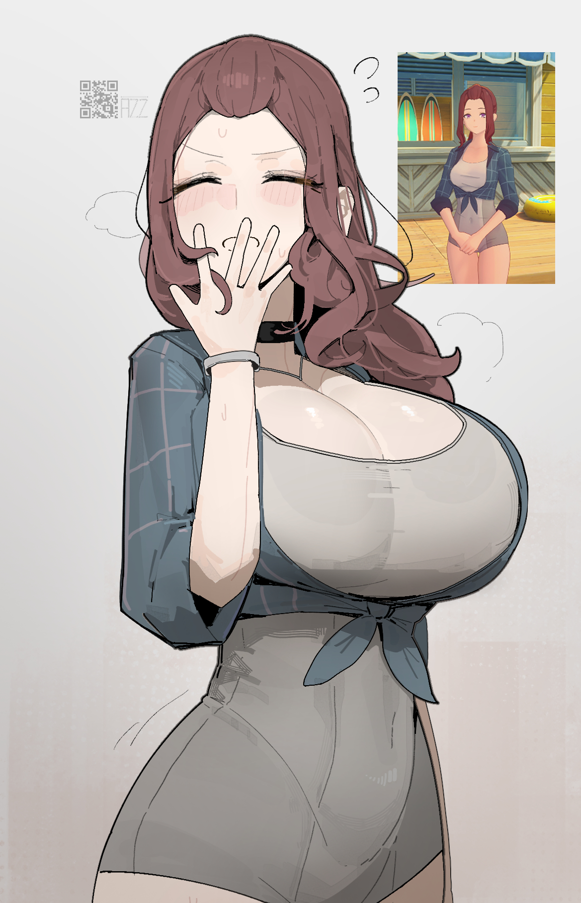 1girls, 2d, 2d (artwork), azz0422, big breasts, black choker, blush, bracelet, brown hair, cleavage, closed eyes, covered navel, cowboy shot, eyelashes, hand over mouth, helen (zenless zone zero), hoyoverse, jewelry, long hair, necklace, npc, npc (zenless zone zero), ponytail, short shorts, solo, tied shirt, white shirt, white shoes, zenless zone zero