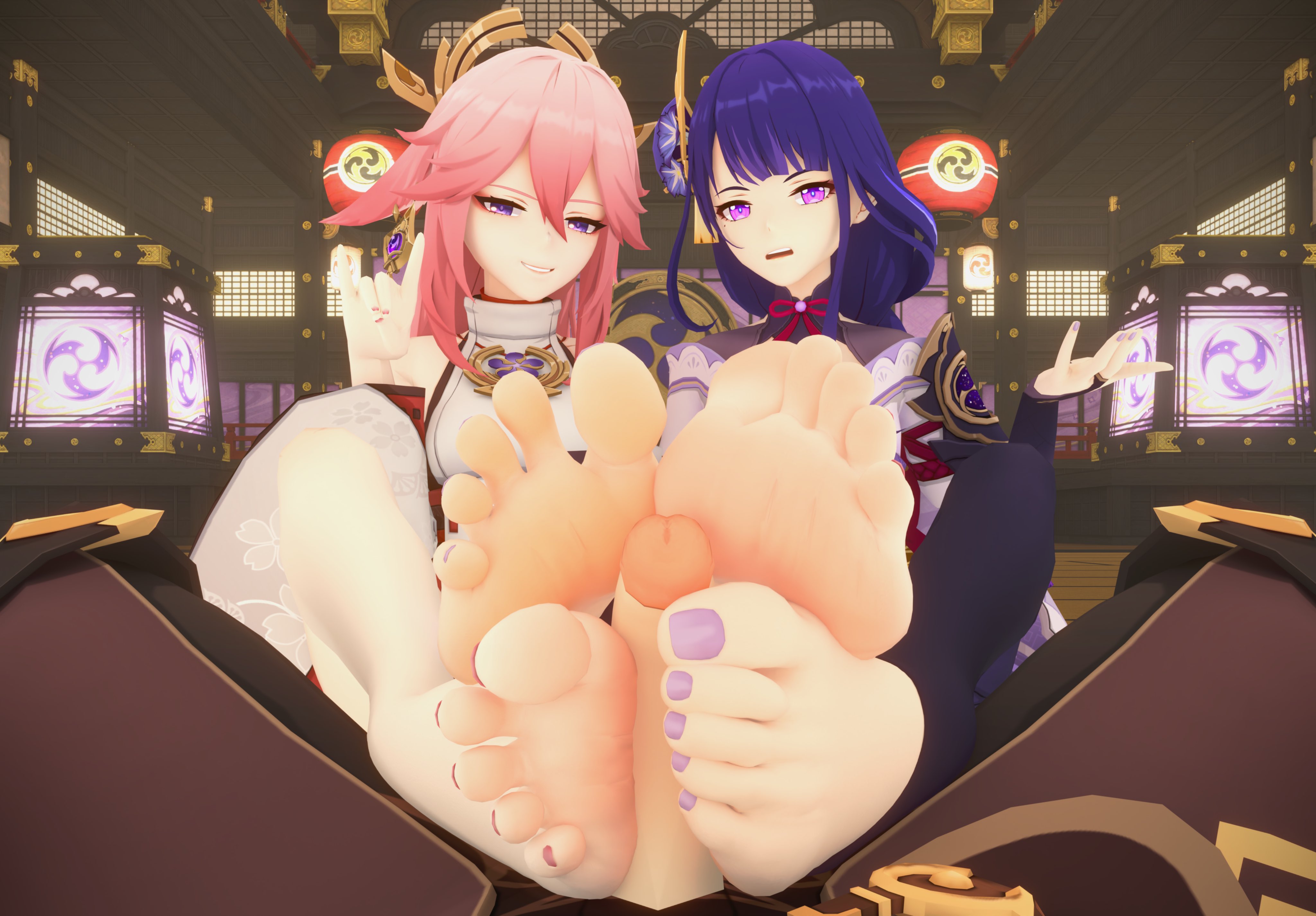 1girls, 2girls, 3d, aether (genshin impact), anime girl, asian, asian clothing, blue hair, collaborative footjob, cute face, fayeyyun (artist), feet, female, female focus, female on top, foot fetish, foot focus, footjob, genshin impact, long hair, male pov, mihoyo, penis, penis out, pink hair, pov, raiden shogun, soles, teasing, toenail polish, toes, yae miko