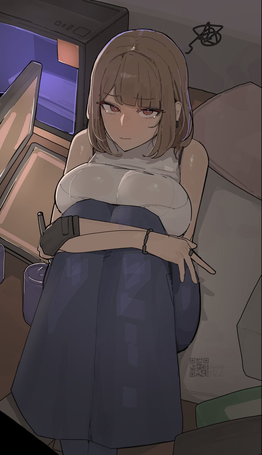 1girls, 2d, 2d (artwork), artist self-insert, azz0422, bangs, big breasts, bracelet, closed mouth, crying, eyelashes, frown, gloves, holding pen, jewelry, long skirt, oc, original character, red eyes, ring, scribble, short hair, sitting, solo, white shirt
