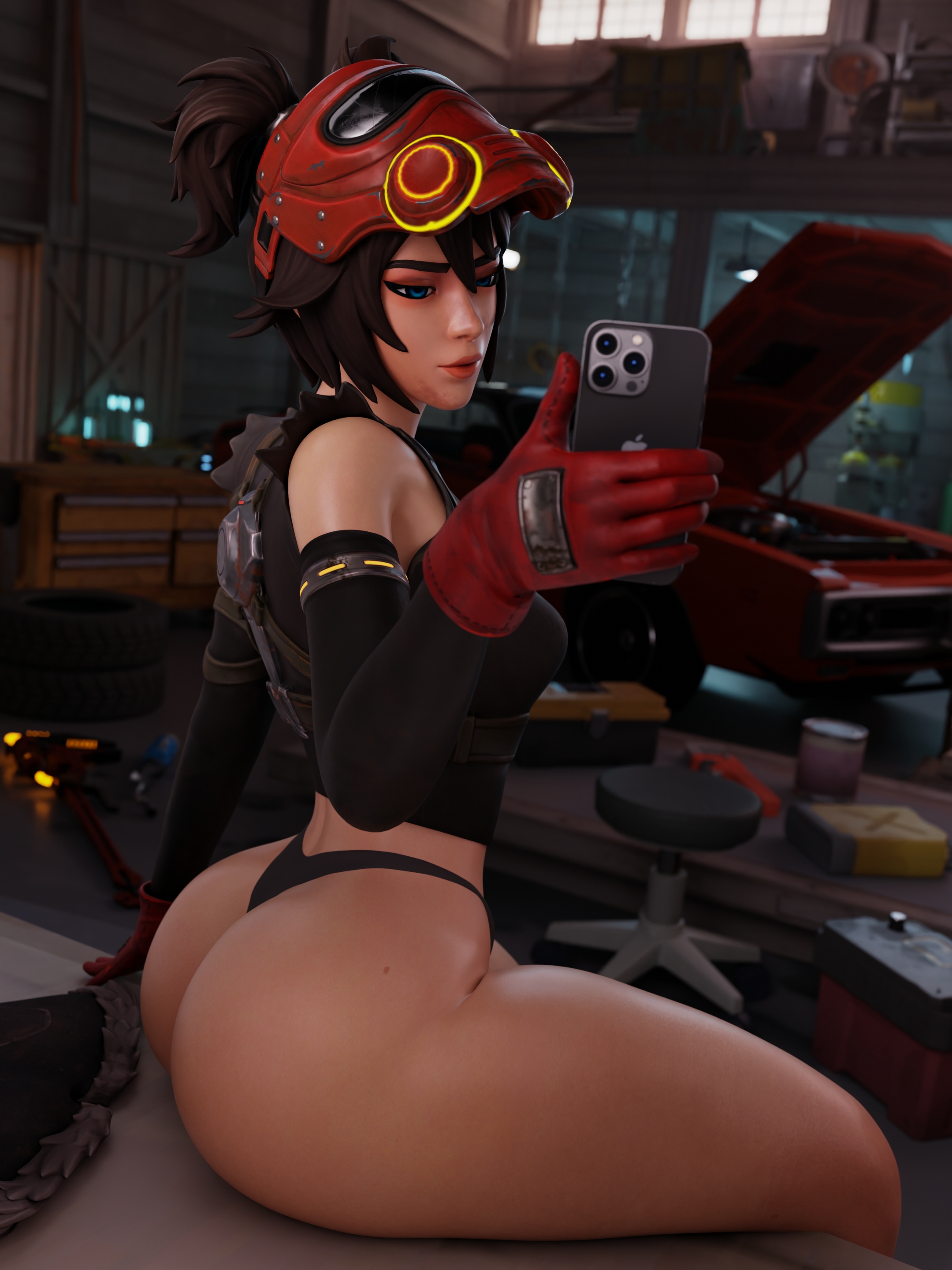 1female, 1girls, 2025, 3d, armwear, ass, ass focus, big ass, big butt, blue eyes, brown hair, brown hair female, brunette, butt, butt focus, epic games, female, female only, fortnite, fortnite: battle royale, gloves, handwear, holding object, holding phone, light skin, light-skinned female, looking at phone, mask on head, no pants, phone, presenting, presenting ass, selfie, sitting, solo, solo female, tagme, the machinist (fortnite), tianis3d, twintails, twintails (hairstyle), underwear