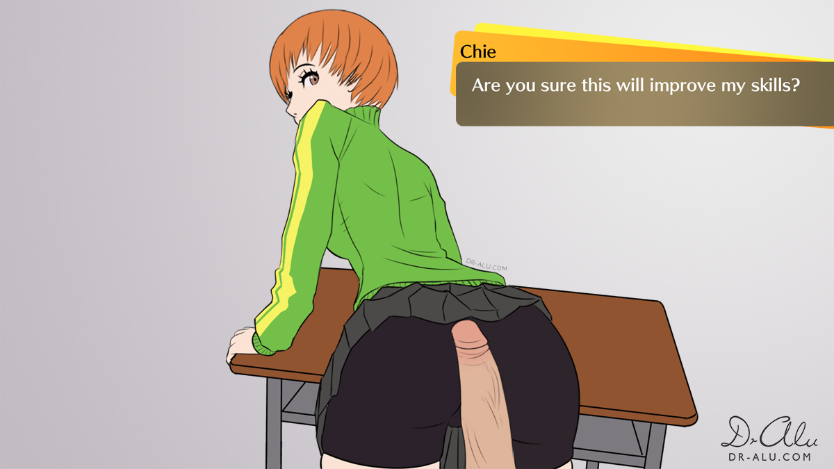 1boy, 1girls, ass, assjob, big ass, big penis, bike shorts, brown eyes, brown hair, buttjob, clothed female, dr-alu, female, large ass, looking at viewer, male, penis, persona, persona 4, satonaka chie, school uniform, short hair, sketch, skirt, skirt lift, tomboy