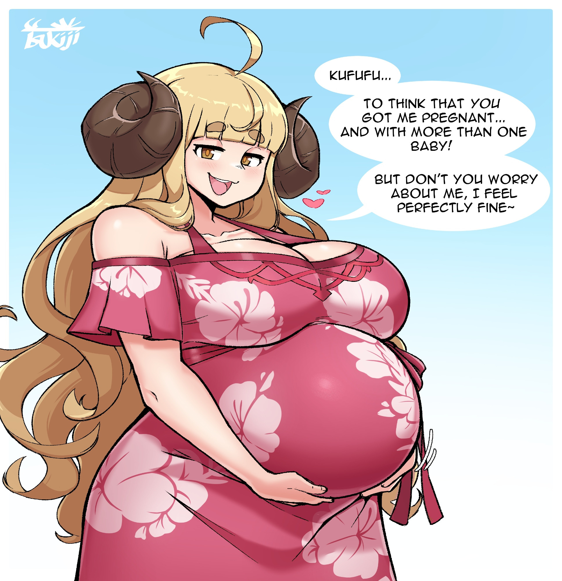 ahoge, anila (granblue fantasy), big breasts, blonde hair, blunt bangs, blush, cleavage, english text, female, female only, fully clothed, granblue fantasy, holding belly, horns, huge breasts, long hair, looking at viewer, maternity clothes, maternity dress, pregnant, ram horns, sheep girl, sheep horns, solo, super belly, tsukiji, very long hair, wavy hair, yellow eyes