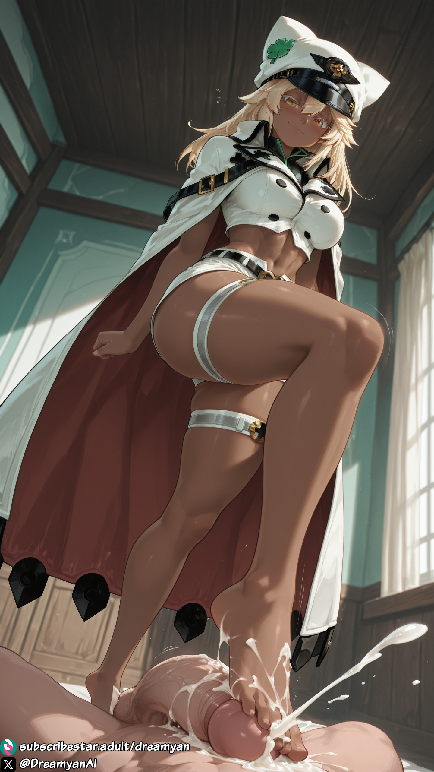 1girls, ai generated, barefoot, big breasts, big penis, blonde hair, blush, breasts, clothed, clothed female, cum, cum on feet, curvy, curvy body, curvy female, dark skin, dark-skinned female, dreamyan ai, excessive cum, feet, flustered, foot fetish, foot focus, footjob, from below, guilty gear, guilty gear strive, hi res, high quality, high resolution, highres, leg up, legs, male pov, pov, ramlethal valentine, smile, smiling, standing, thick ass, thick thighs, thighs, toes, uncensored, white hair, yellow eyes