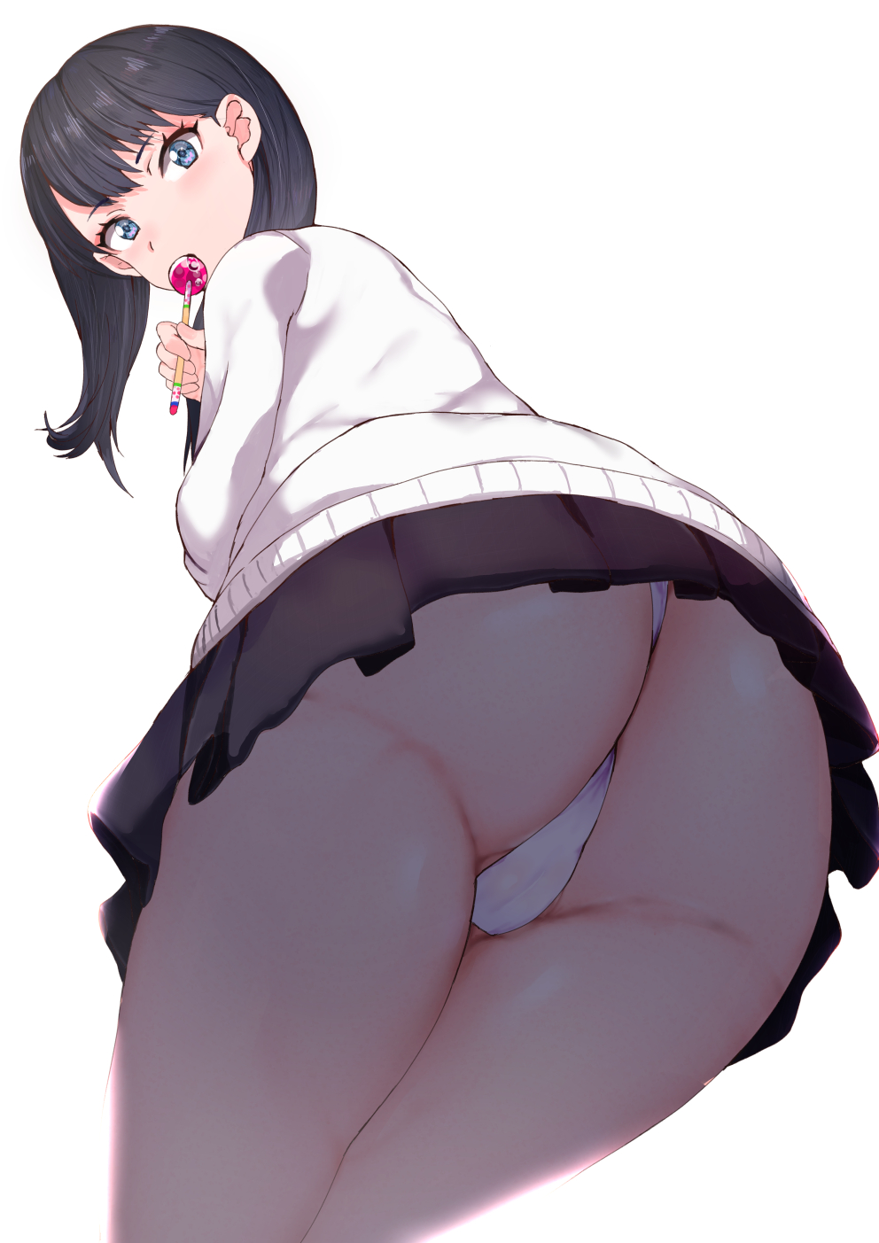 1girls, absurdres, ass, black hair, blue eyes, cameltoe, crotch, female, female only, from below, high resolution, highres, long hair, looking at viewer, looking down, looking down at viewer, panties, pussy, sikijou77o, simple background, skirt, solo, ssss.gridman, sweater, takarada rikka, thighs, underwear, upskirt, white background, white panties