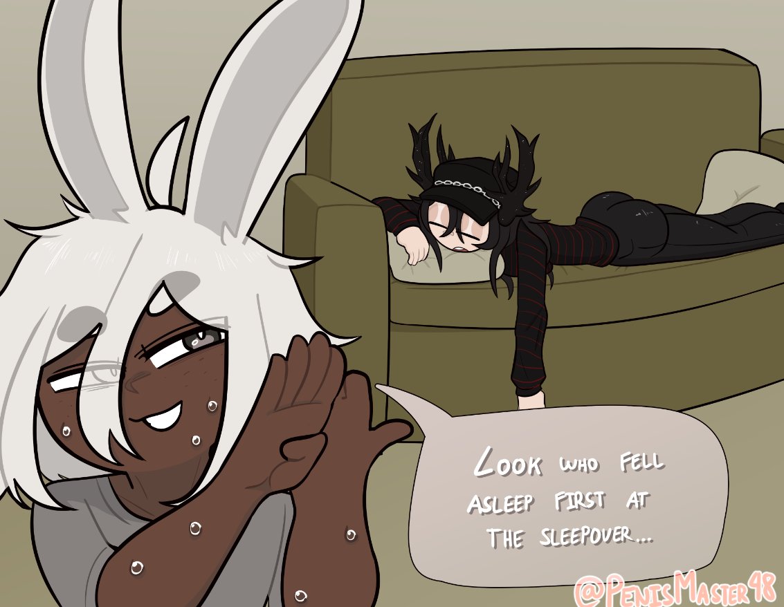 1boy, 1girls, 2026, ahoge, antlers, artist name, ass, big ass, black antlers, black cap, black clothing, black hair, black hat, black pants, black sleeves, black sweater, brown skin, brown-skinned male, bunny boy, bunny ears, cap, closed eyes, clothed, clothed female, clothed male, clothing, coello, commission, couch, cropped, dark skin, dark-skinned male, dialogue, english text, eyebrows, eyebrows visible through hair, female, freckles, freckles on face, fully clothed, fully clothed female, fully clothed male, grey eyes, grey shirt, grey sleeves, half-closed eyes, hat, indoors, kemonomimi, long hair, long sleeves, lying on couch, lying on stomach, male, nose, open mouth, original character, original characters, pale skin, pale-skinned female, pants, penismaster48, red stripes, roblox, roblox avatar, robloxian, shirt, short hair, simple background, sleeping, sleeping on couch, sleepover, sleeves, smile, speech bubble, striped shirt, striped sleeves, striped sweater, stripes, sweat, sweatdrop, sweater, sweating, t-shirt, text, thighs, watermark, white hair