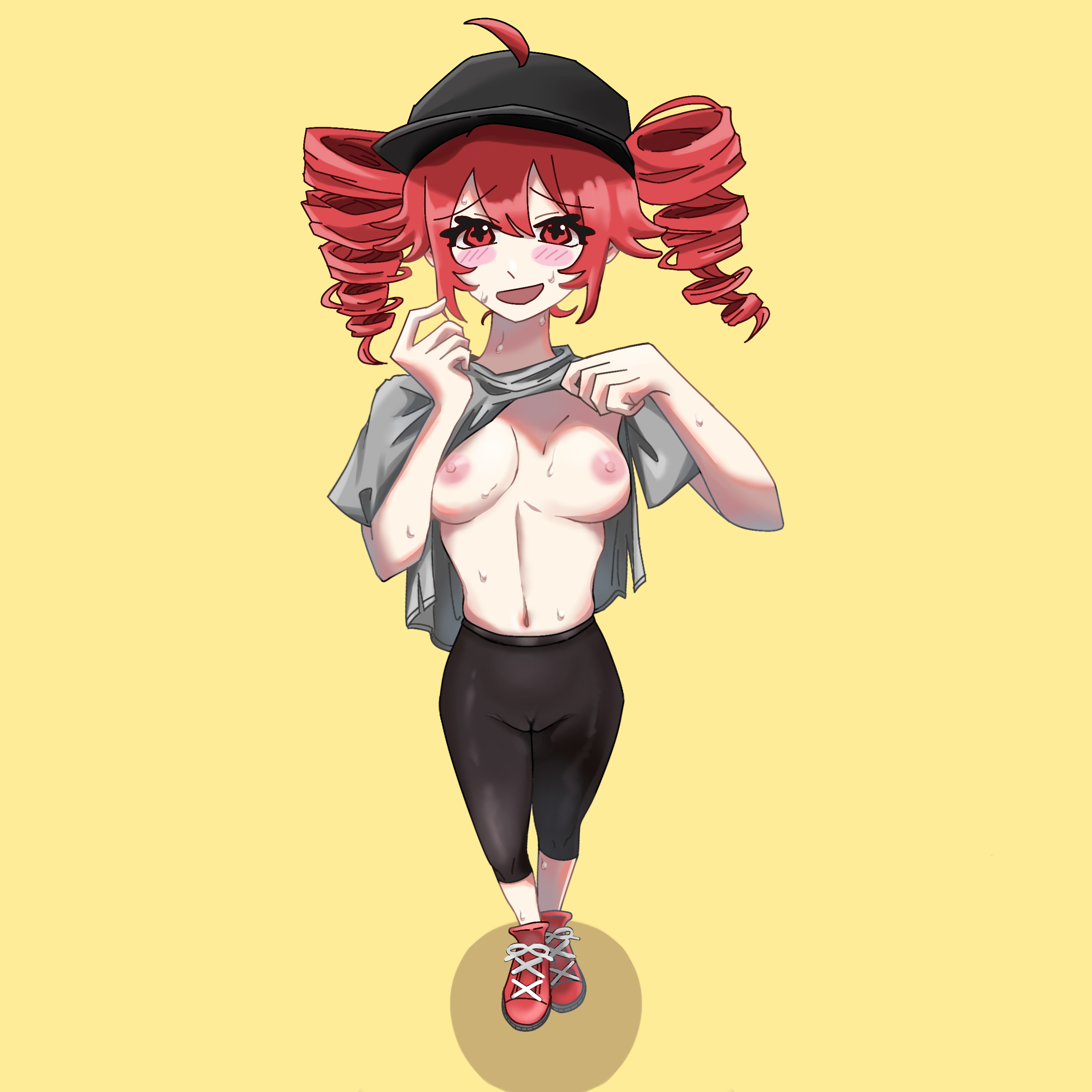 + +, 1girls, 2d, 2d (artwork), ahoge, ahoge through hat, areolae, artist request, belly, blush, blush lines, breasts, cameltoe, clothed, clothed female, clothing, eyelashes, female, female only, flashing, flashing breasts, full body, fully clothed, hands up, hat, kasane teto, kasane teto (sv), leggings, lifted shirt, long eyelashes, medium breasts, midriff, mv character, navel, nipples, no bra, no panties, open mouth, override (synthesizer v), oversized clothes, oversized shirt, petite, petite body, petite female, plump, plump labia, plump pussy, pussy, pussy lips, pussy visible through clothes, red eyes, red hair, shiny skin, shirt, shirt lift, shirt lifted by self, shoes, shy, shy expression, shy female, shy smile, simple background, skinny, skinny female, slim girl, slim waist, sneakers, solo, solo female, sweat, sweating, sweating profusely, synthesizer v, tight clothing, tight leggings, tight pants, twin drills, utau, vagina, yellow background, yoga pants
