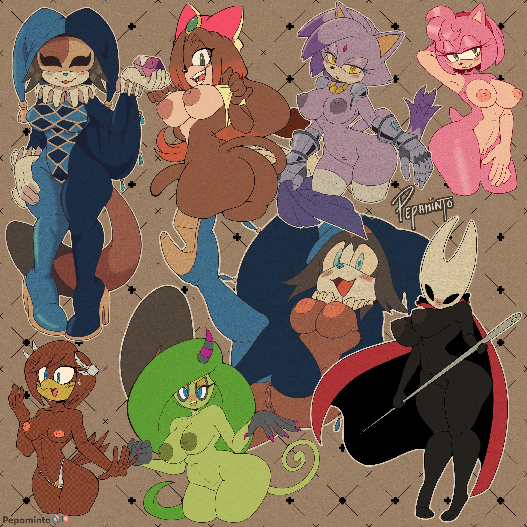 amy rose, anthro, anthro female, anthrofied, ass, blaze the cat, breasts, breasts out, clothed, clothing, eulipotyphlan, hedgehog, hollow knight, hornet (hollow knight), lunar the sugar glider, mammal, naked, naked female, nude, nude female, pepamintop, princess elise, sara (sonic), sega, sir percival (sonic and the black knight), soleil the sugar glider, sonic (series), sonic the hedgehog (series), tagme, zeena, zeti